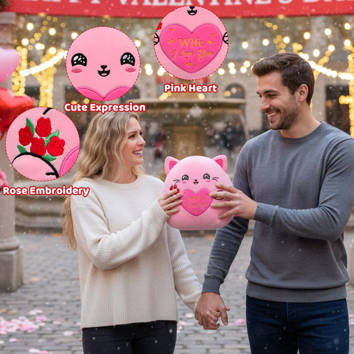 NIUBEHOHO Cat Plush with Rose for Her – 10-Inch Pink Embroidered Gift for Wife or Girlfriend