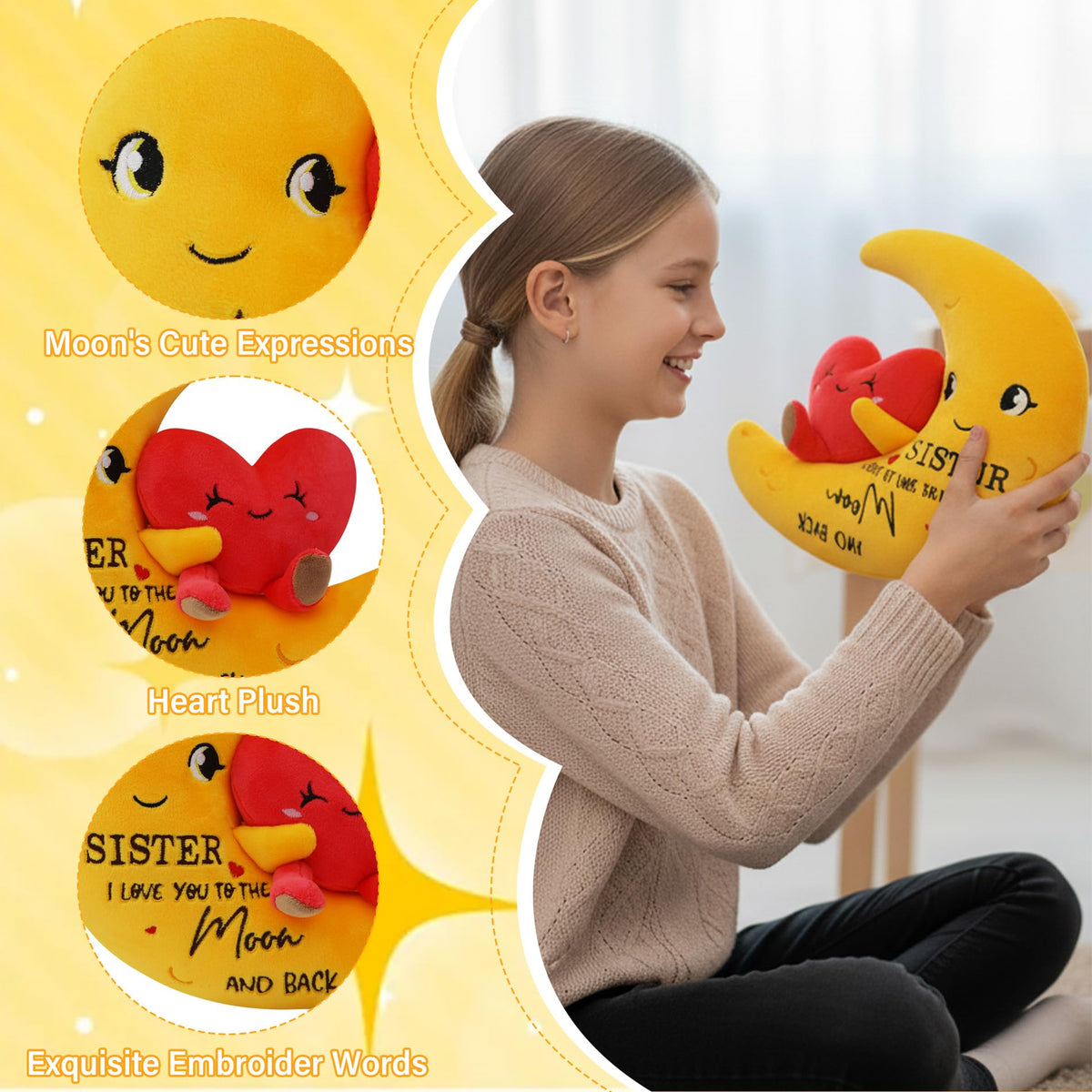 NIUBEHOHO I Love You Sister Plush – Moon Heart Stuffed Animal, 11-Inch Gift for Sisters