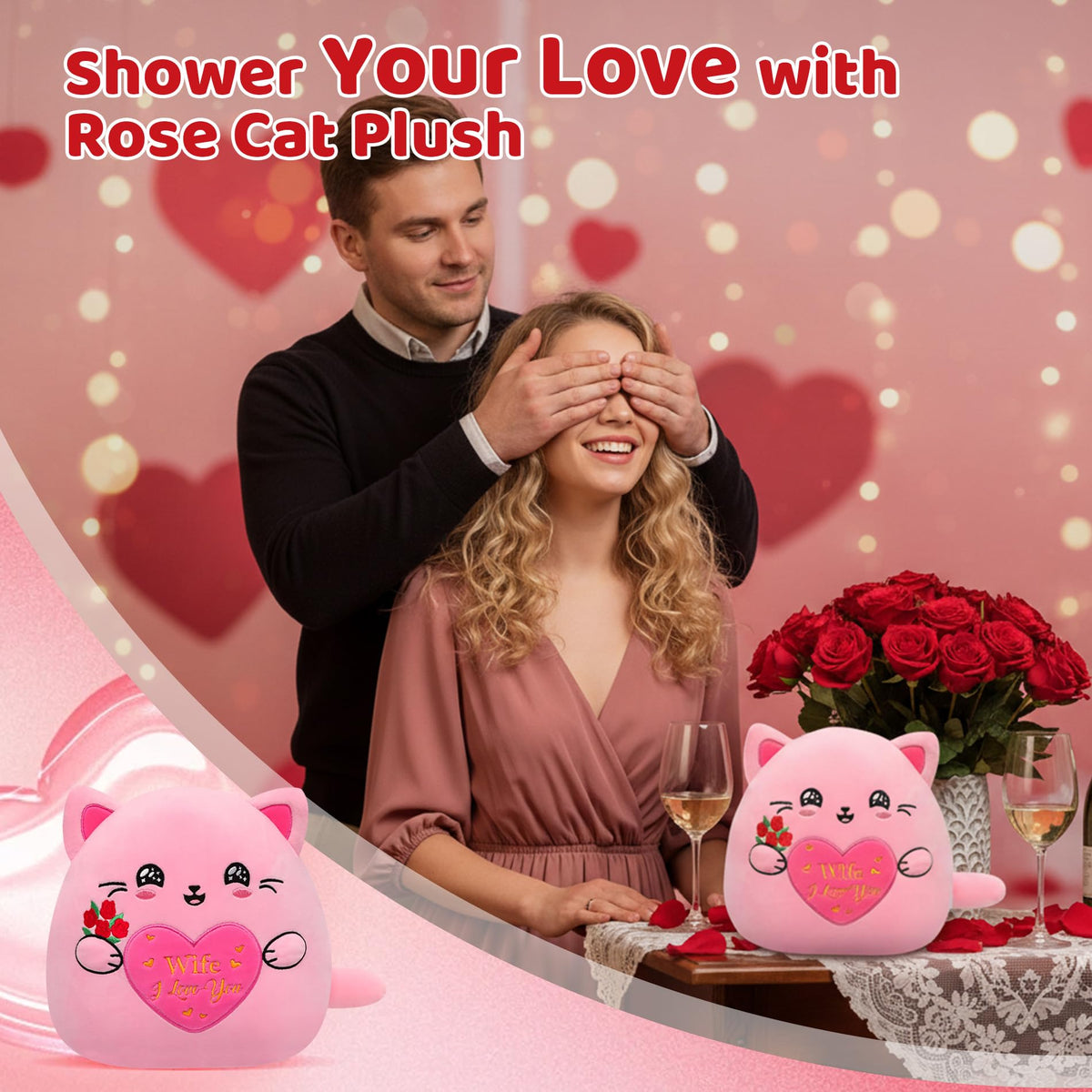 NIUBEHOHO Cat Plush with Rose for Her – 10-Inch Pink Embroidered Gift for Wife or Girlfriend
