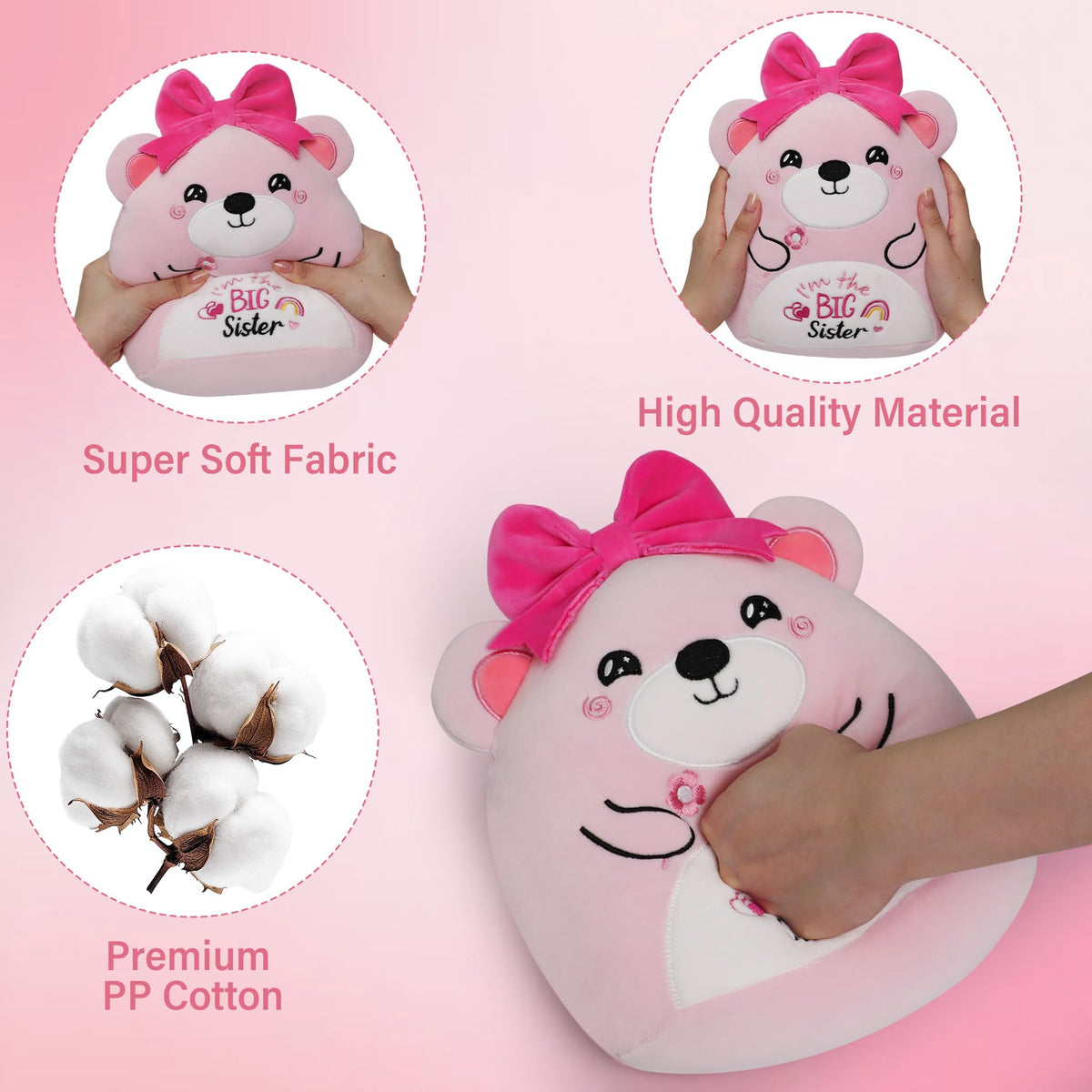 NIUBEHOHO Big Sister Bear Plush – Pink 'I'm The Big Sister' Embroidery Gift