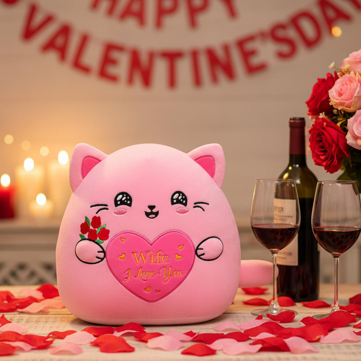 NIUBEHOHO Cat Plush with Rose for Her – 10-Inch Pink Embroidered Gift for Wife or Girlfriend