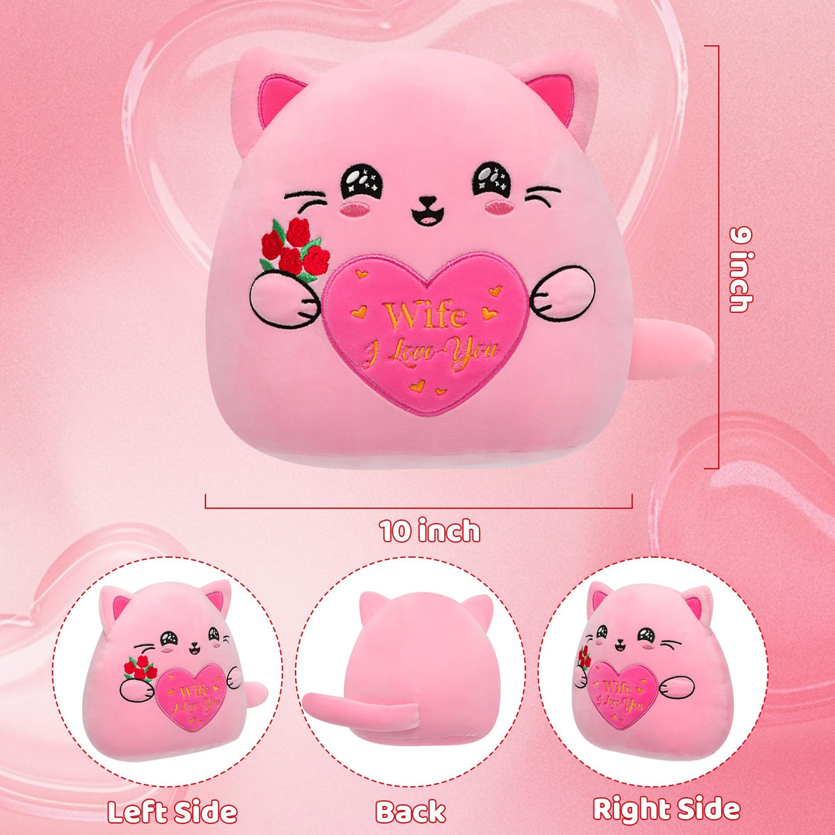 NIUBEHOHO Cat Plush with Rose for Her – 10-Inch Pink Embroidered Gift for Wife or Girlfriend