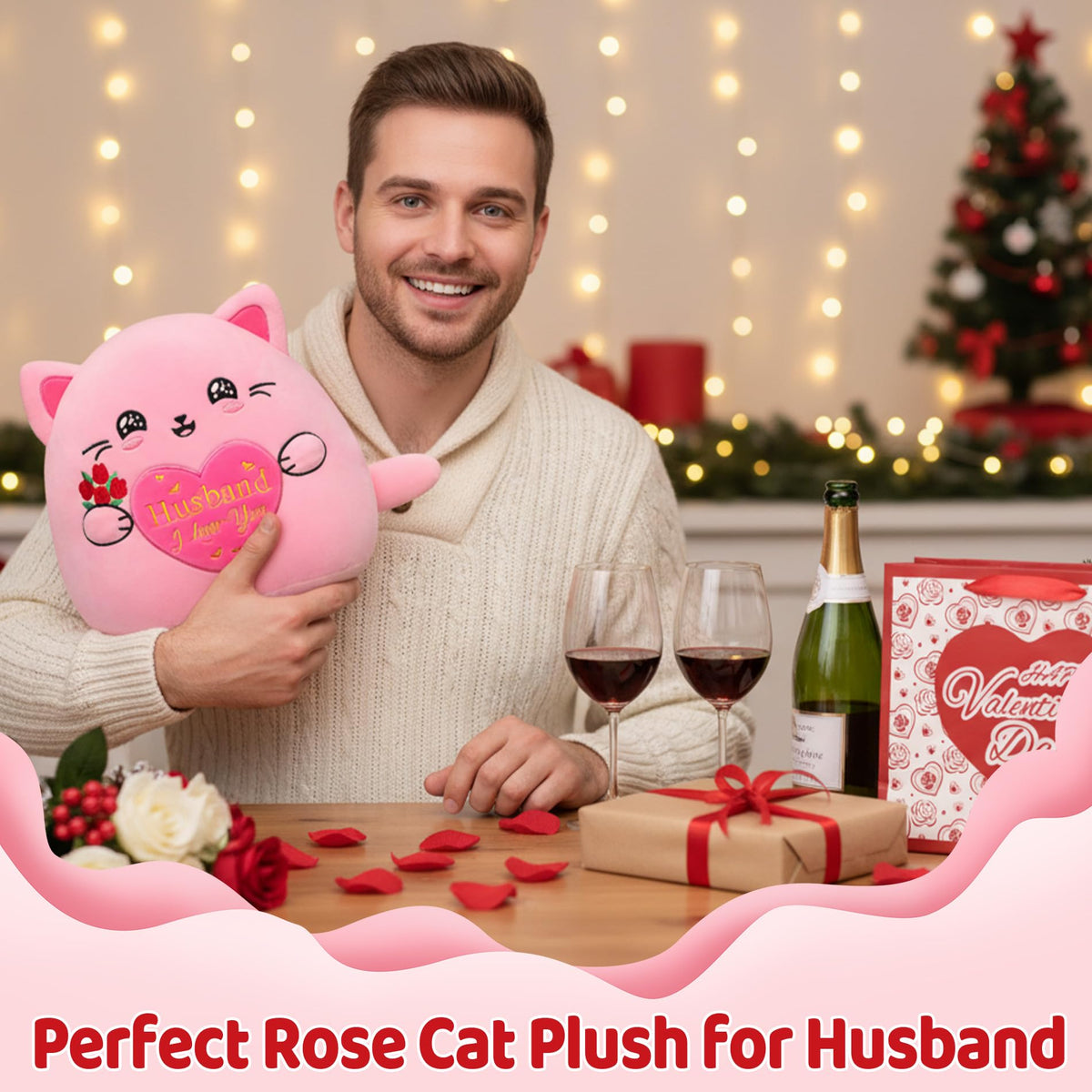NIUBEHOHO Valentine's Cat Plush – 10-Inch Rose Gift for Husband