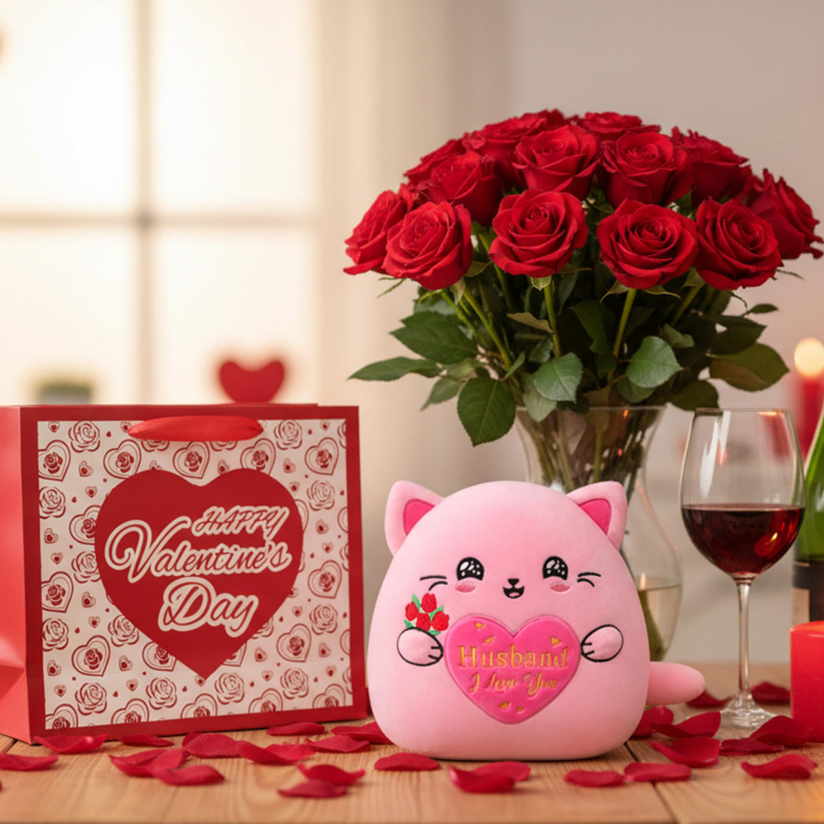 NIUBEHOHO Valentine's Cat Plush – 10-Inch Rose Gift for Husband