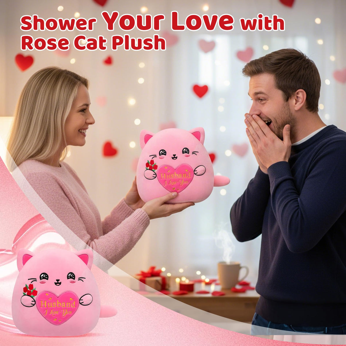 NIUBEHOHO Valentine's Cat Plush – 10-Inch Rose Gift for Husband