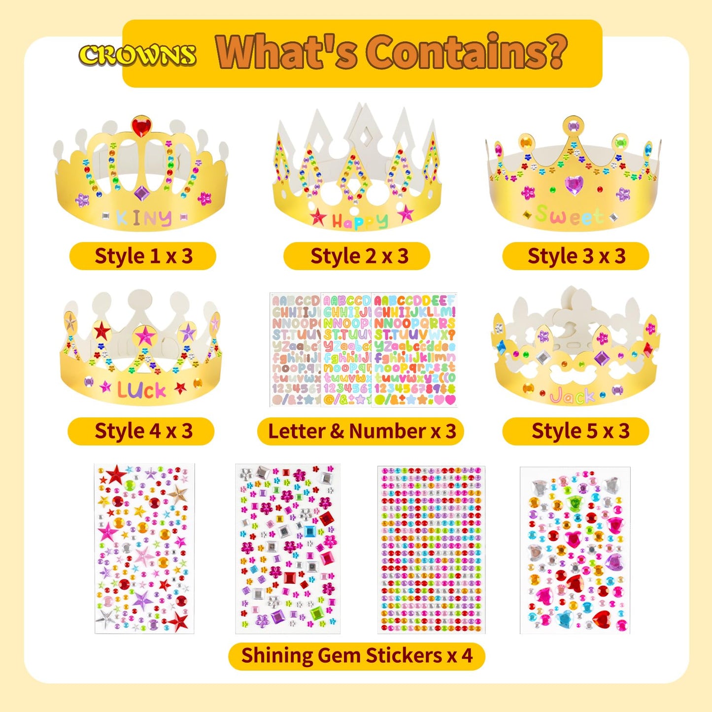 NIUBIER Gold Paper Crowns – 15-Piece DIY Crown Kit with Gem Stickers for Parties, School & Craft