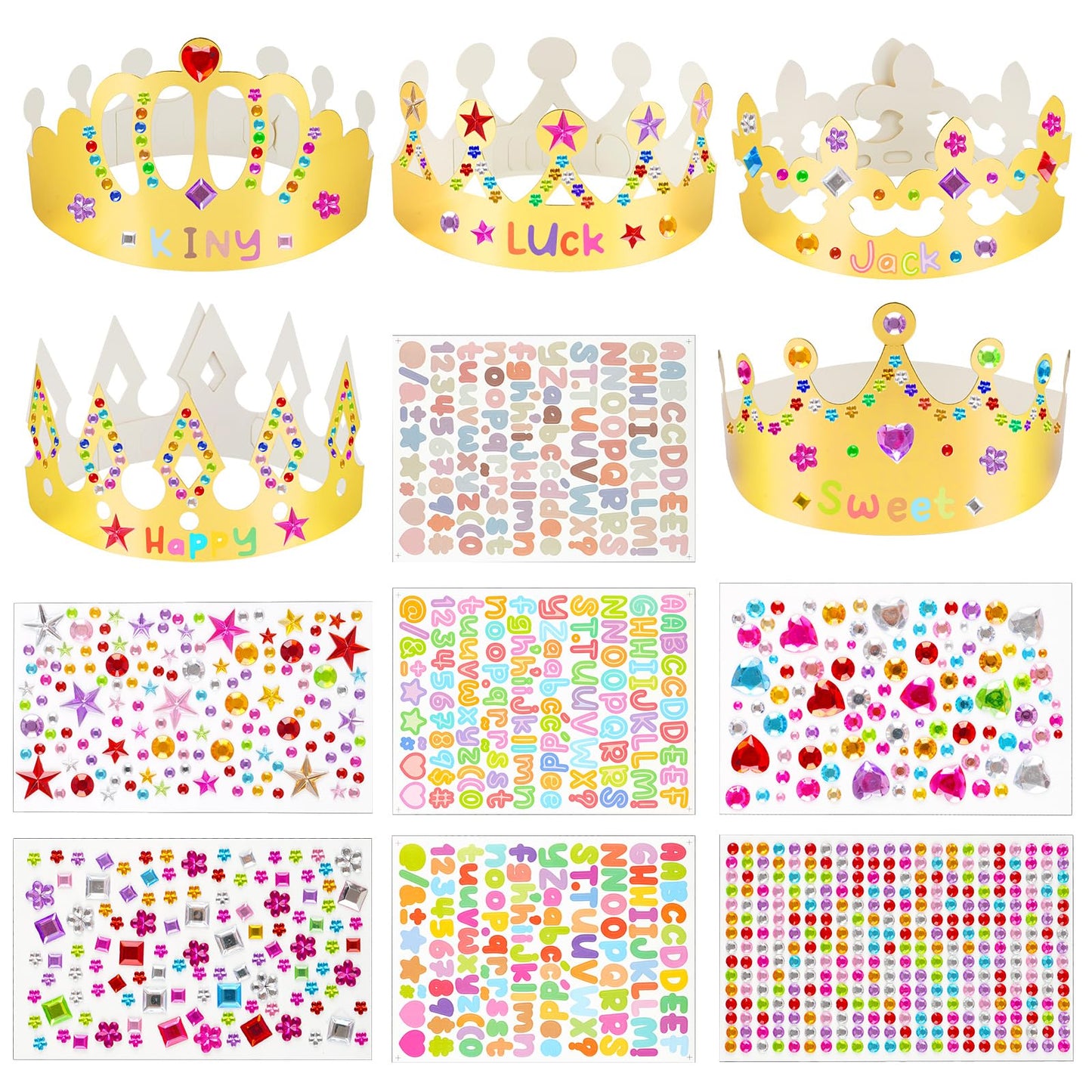 NIUBIER Gold Paper Crowns – 15-Piece DIY Crown Kit with Gem Stickers for Parties, School & Craft
