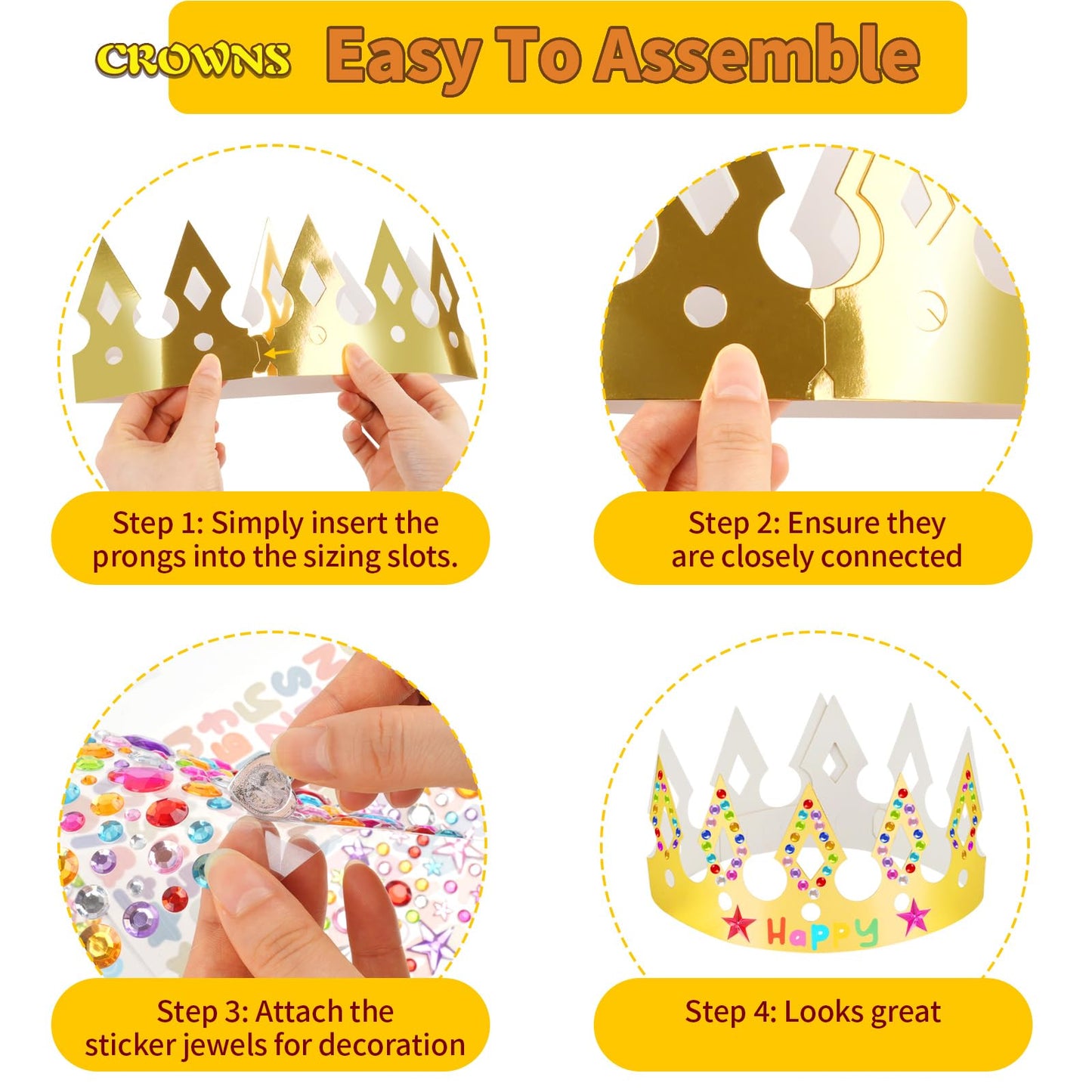 NIUBIER Gold Paper Crowns – 15-Piece DIY Crown Kit with Gem Stickers for Parties, School & Craft