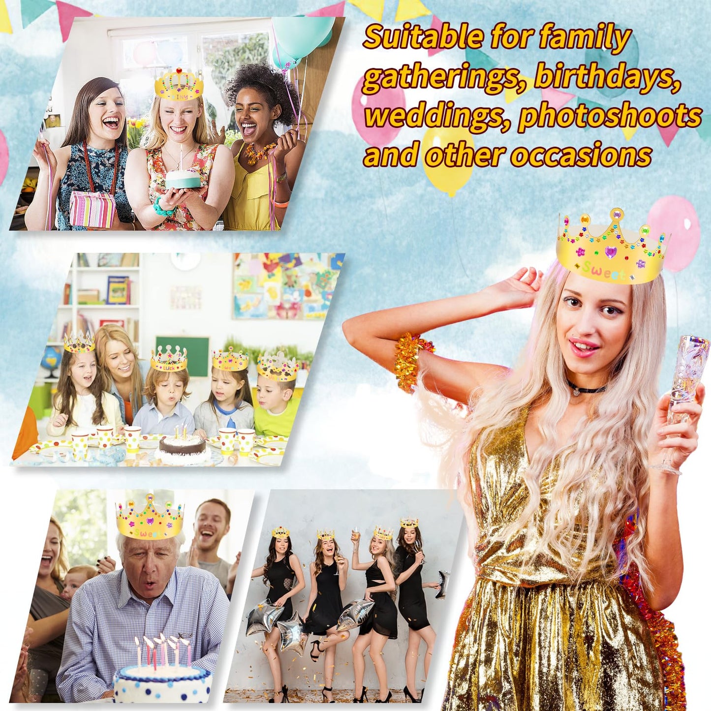 NIUBIER Gold Paper Crowns – 15-Piece DIY Crown Kit with Gem Stickers for Parties, School & Craft