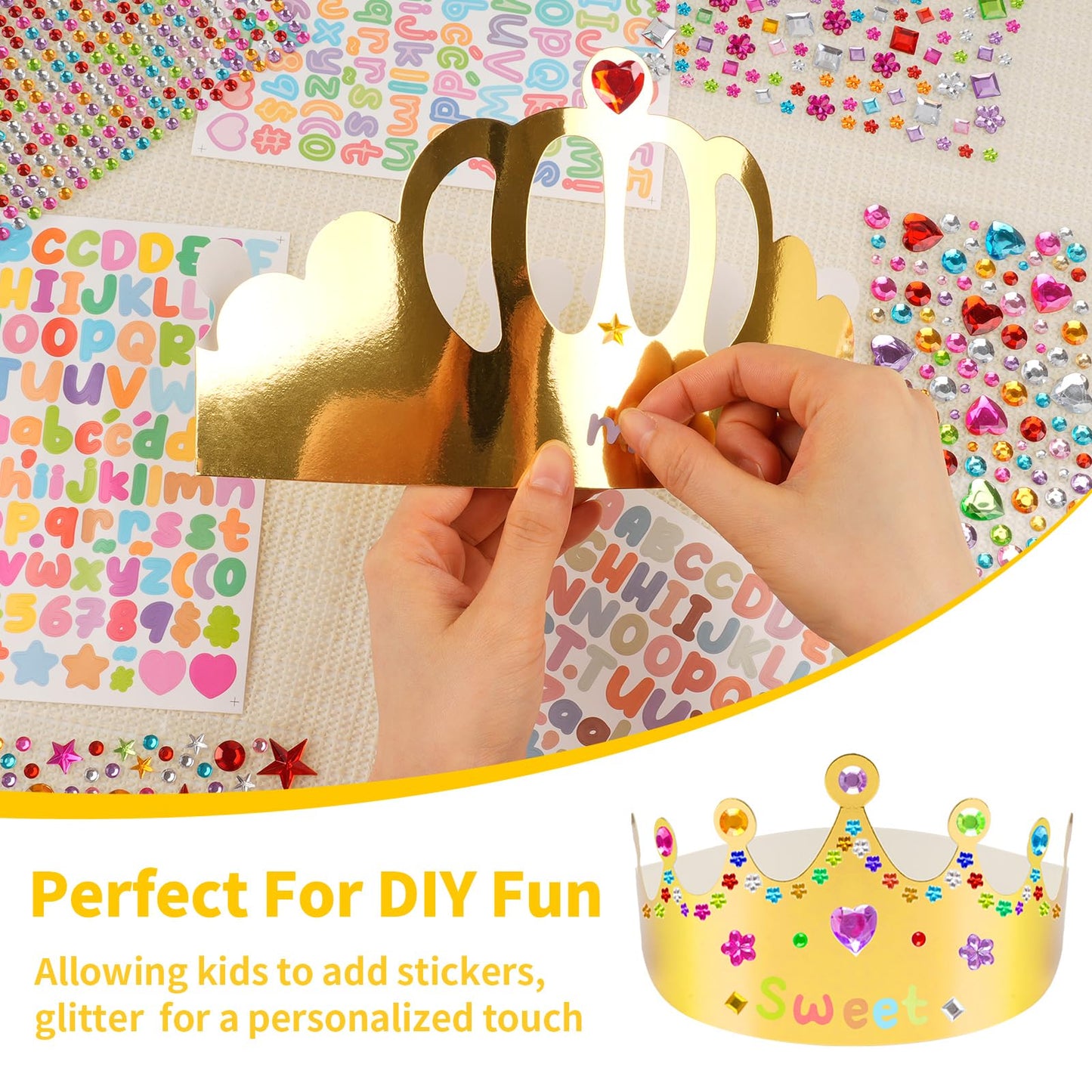 NIUBIER Gold Paper Crowns – 15-Piece DIY Crown Kit with Gem Stickers for Parties, School & Craft