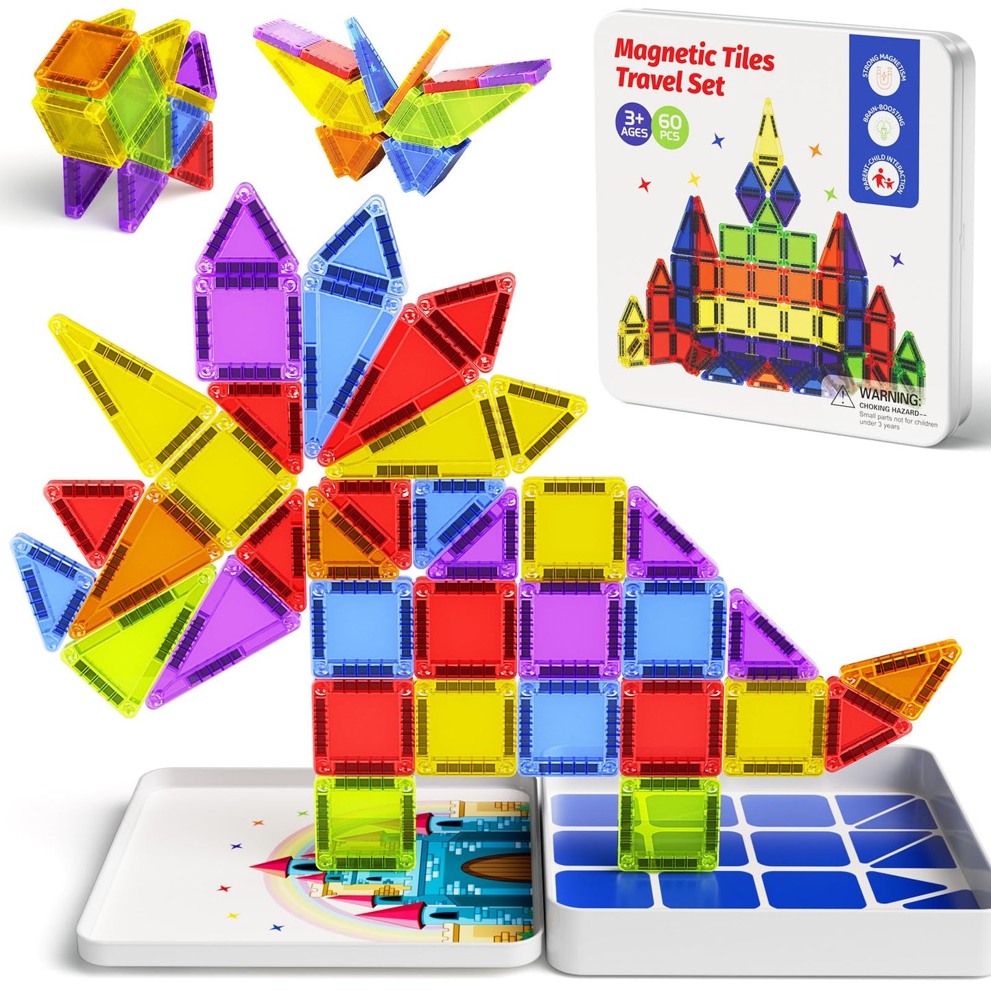 Niukdier Magnetic Tiles Mini Travel Set – 60pc Educational Building Blocks for Kids