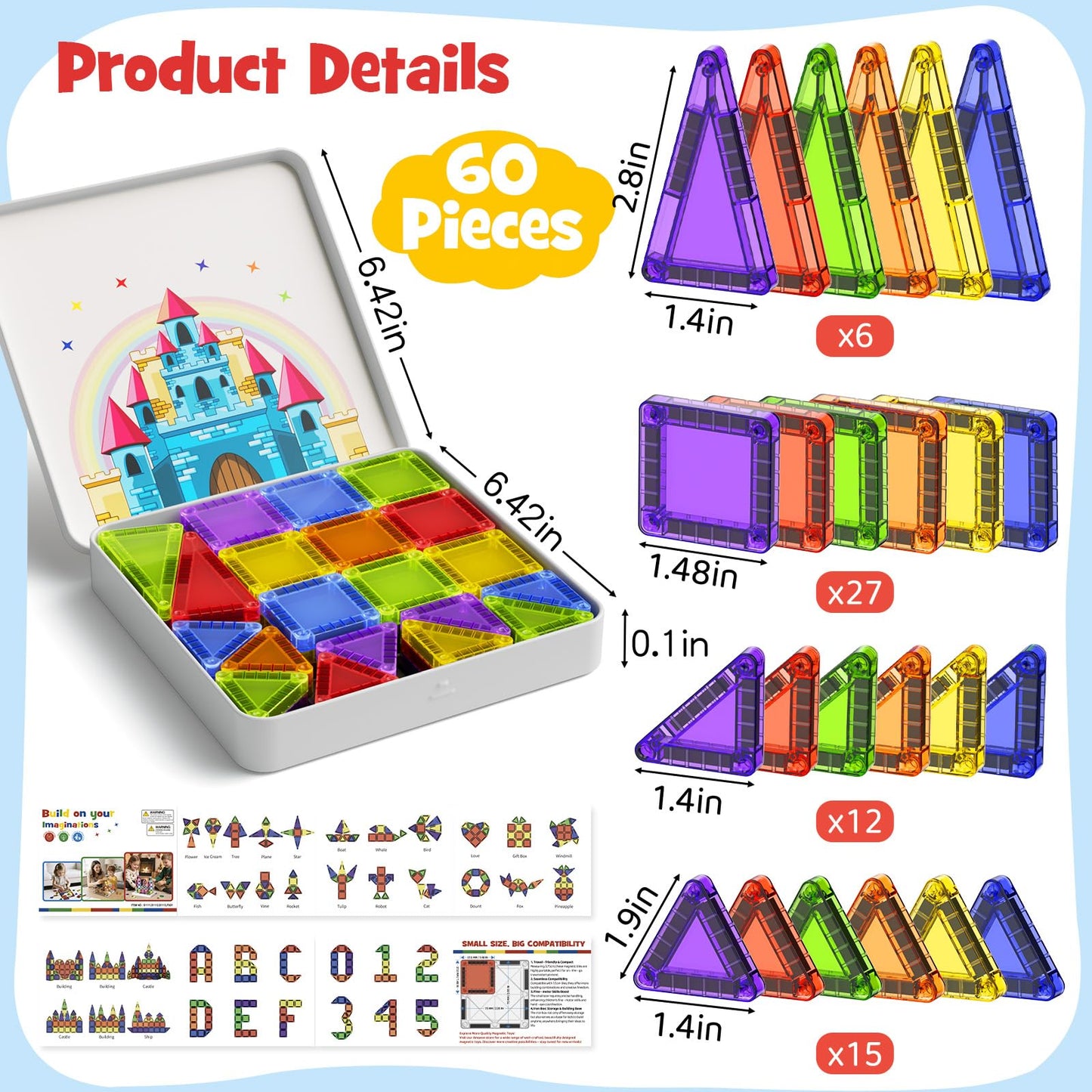 Niukdier Magnetic Tiles Mini Travel Set – 60pc Educational Building Blocks for Kids