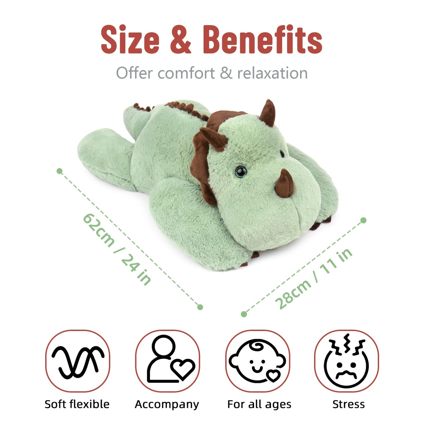 Niuniu Daddy 24in Weighted Green Dinosaur Plush — 3.5 lb Body Pillow