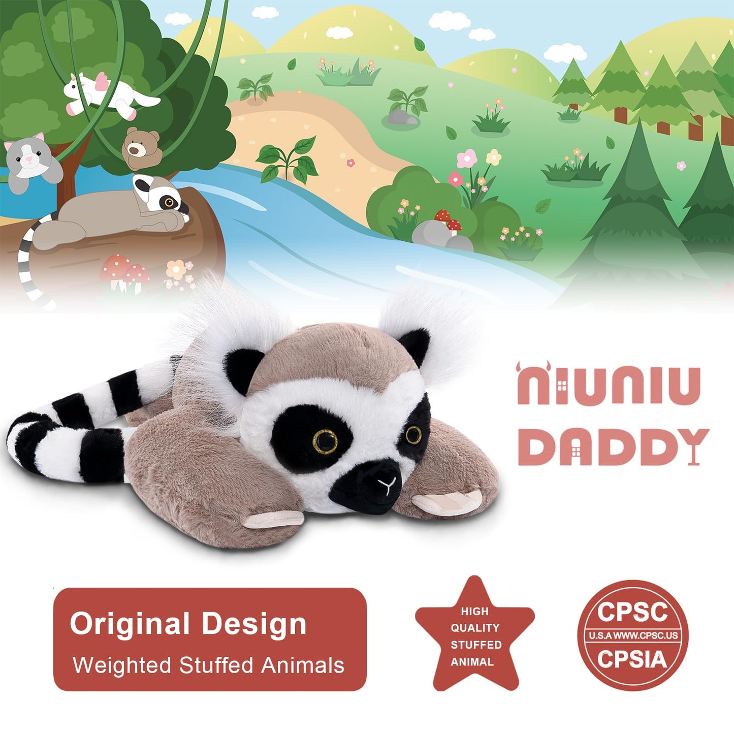 Niuniu Daddy 20-Inch Lemur Weighted Plush | 3.3 lb Giant Body Pillow for Kids & Adults