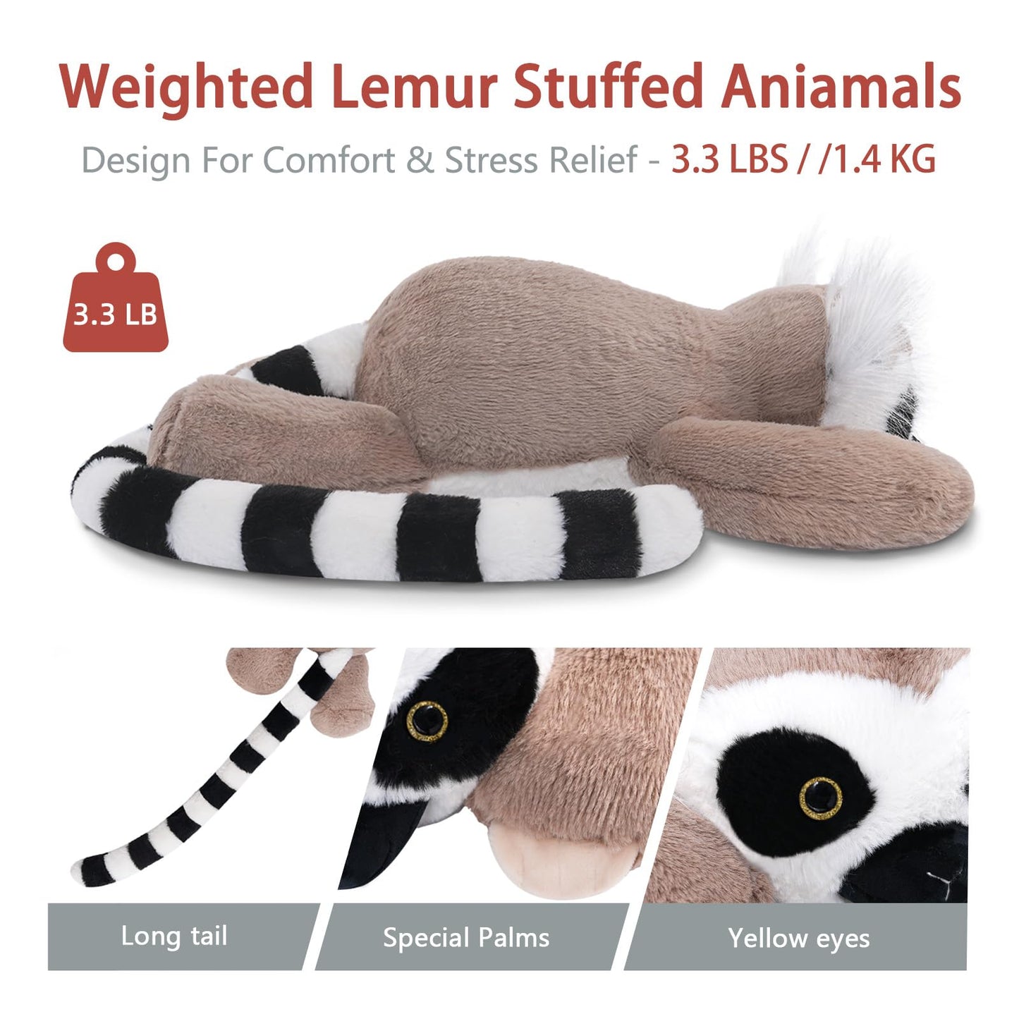 Niuniu Daddy 20-Inch Lemur Weighted Plush | 3.3 lb Giant Body Pillow for Kids & Adults