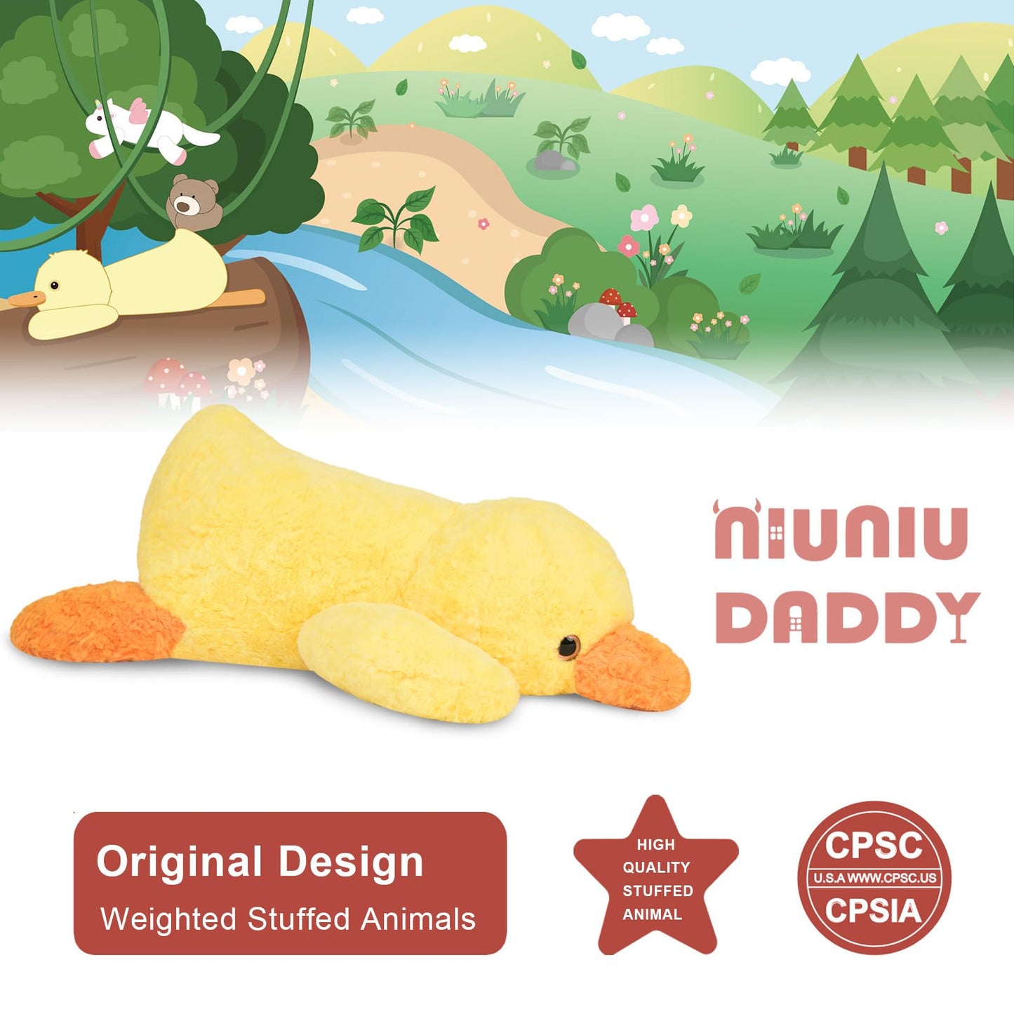 Niuniu Daddy 20\" Weighted Duck Plush – 3.3 lb Giant Yellow Duck, Soft Fur, Large Body Pillow
