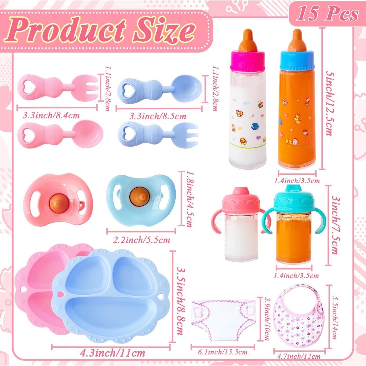 Niurewan 15-Piece Baby Doll Accessories Magic Bottle Set | Pretend Play Feeding Toys