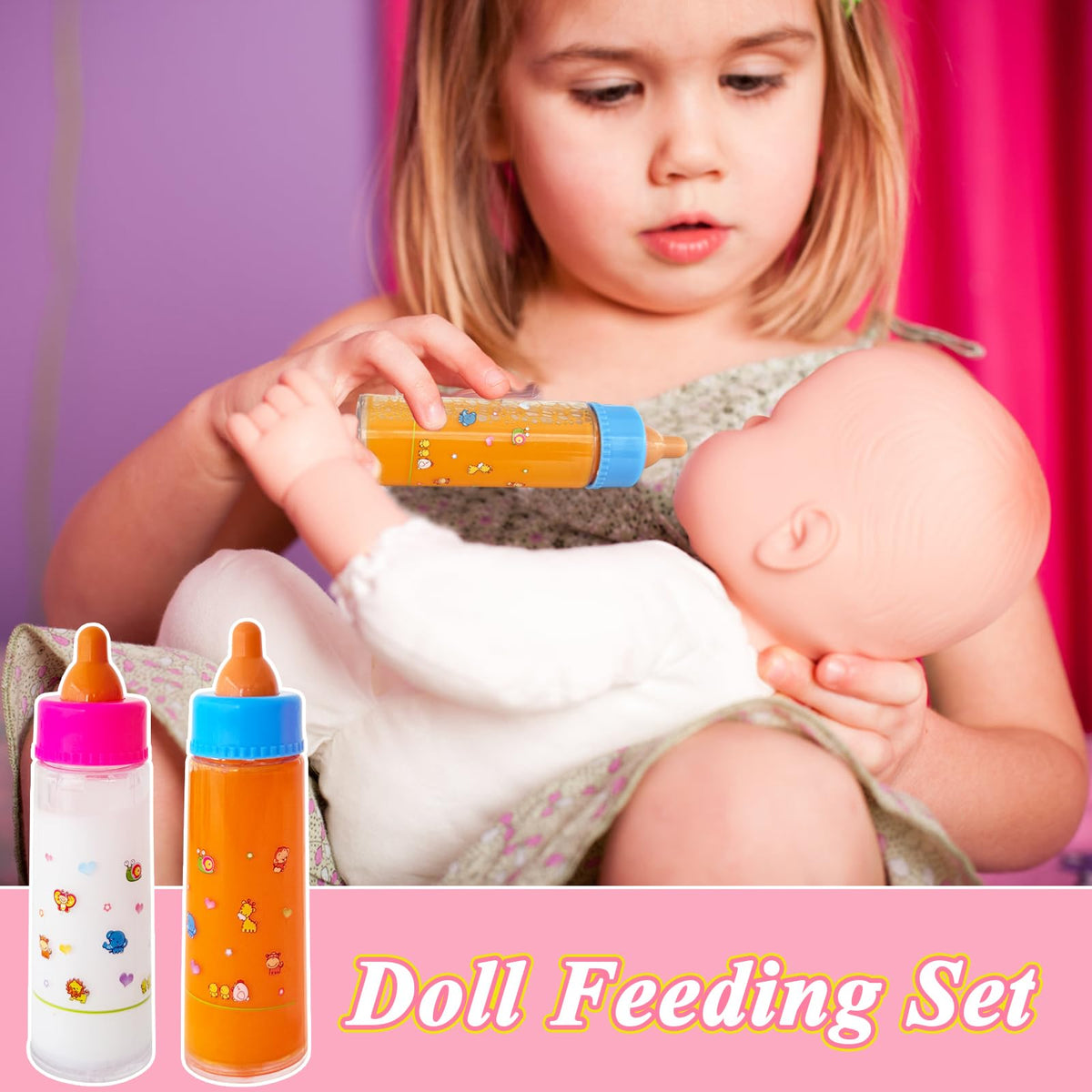 Niurewan 15-Piece Baby Doll Accessories Magic Bottle Set | Pretend Play Feeding Toys
