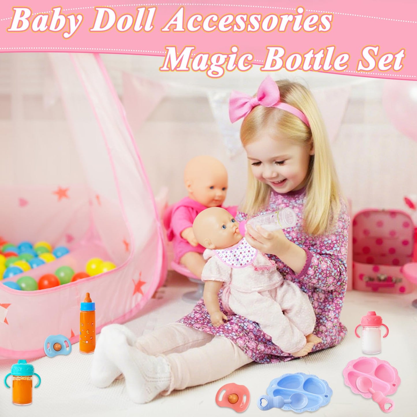 Niurewan 15-Piece Baby Doll Accessories Magic Bottle Set | Pretend Play Feeding Toys