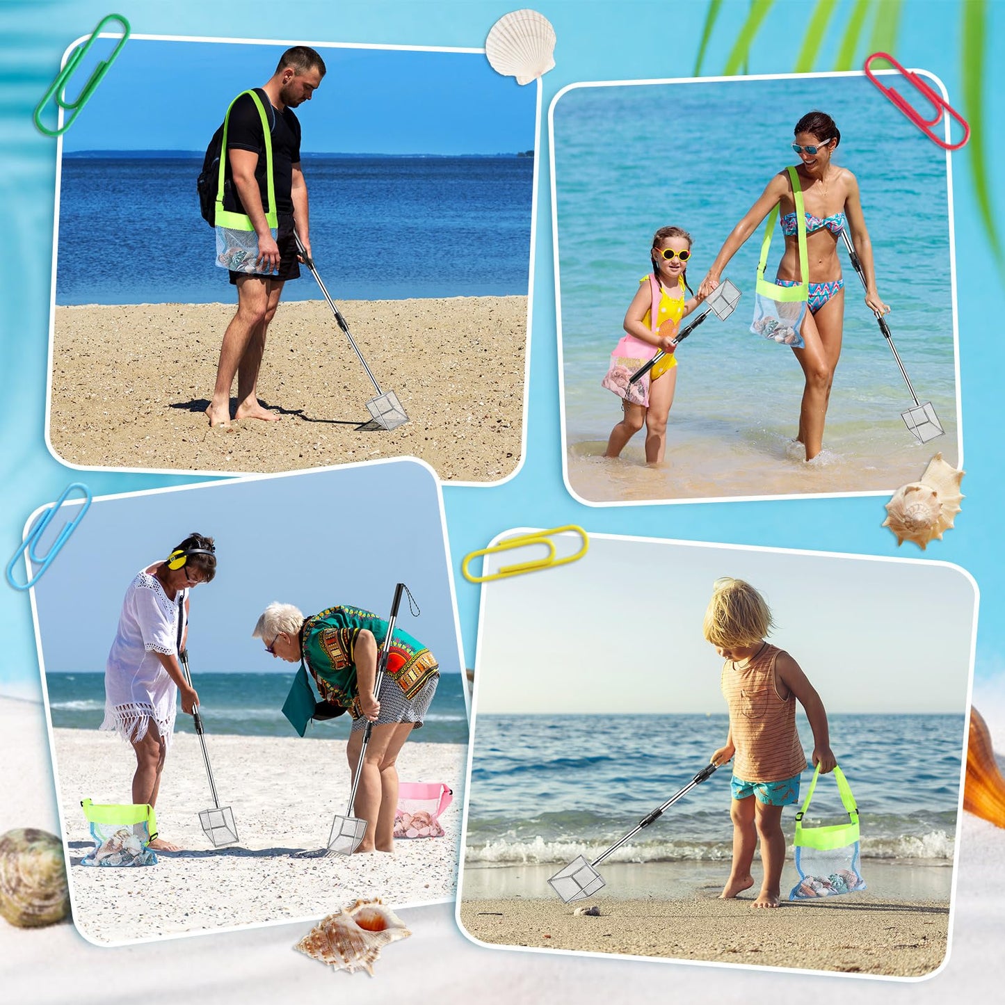 Niuyhe 4-Pack Shark Tooth Sifter & Shell Scoop for Beach — Retractable Long-Handle, Mesh Bags