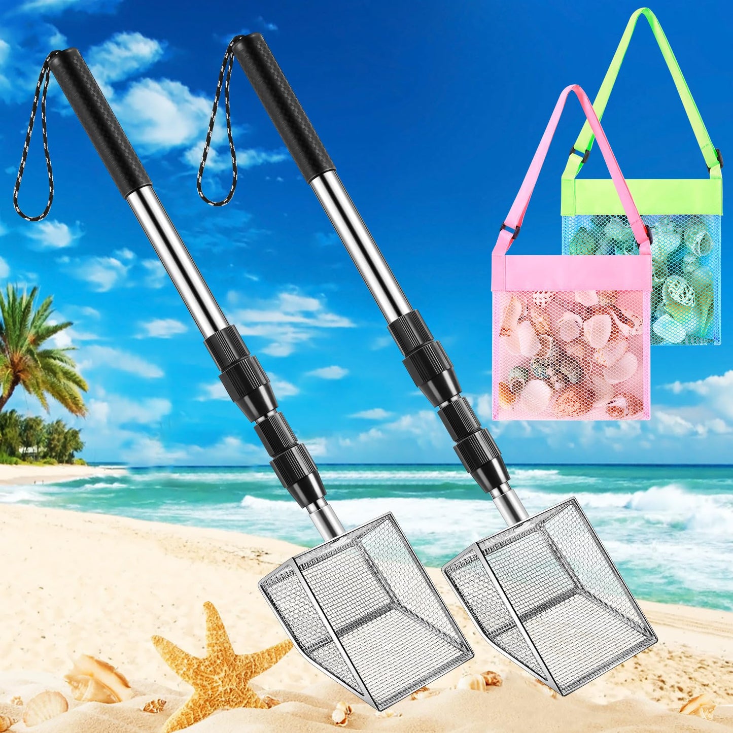 Niuyhe 4-Pack Shark Tooth Sifter & Shell Scoop for Beach — Retractable Long-Handle, Mesh Bags