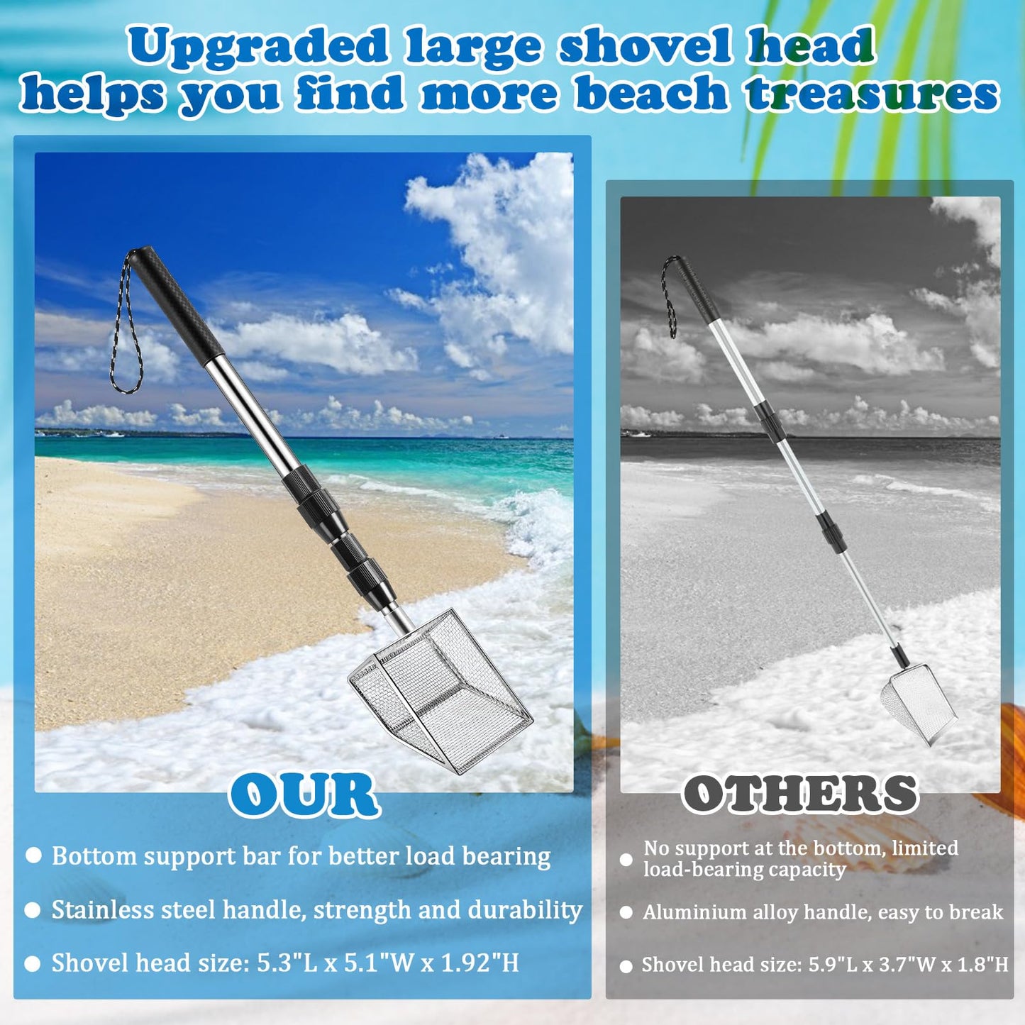 Niuyhe 4-Pack Shark Tooth Sifter & Shell Scoop for Beach — Retractable Long-Handle, Mesh Bags