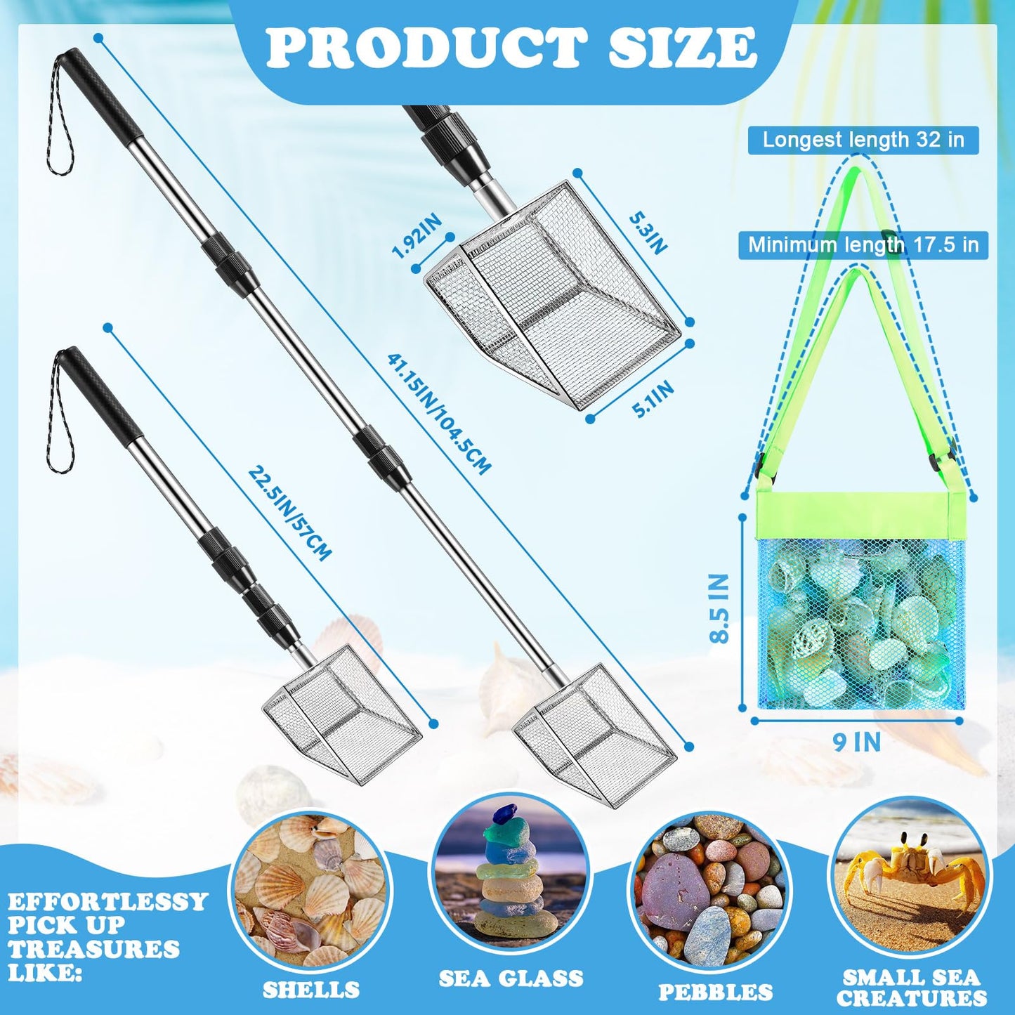 Niuyhe 4-Pack Shark Tooth Sifter & Shell Scoop for Beach — Retractable Long-Handle, Mesh Bags