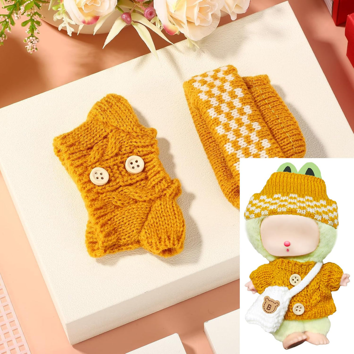 NiXiSHEEN 17cm Doll Clothes Set — Yellow Crochet Sweater, Hat & Bag for Have a Seat Series Dolls