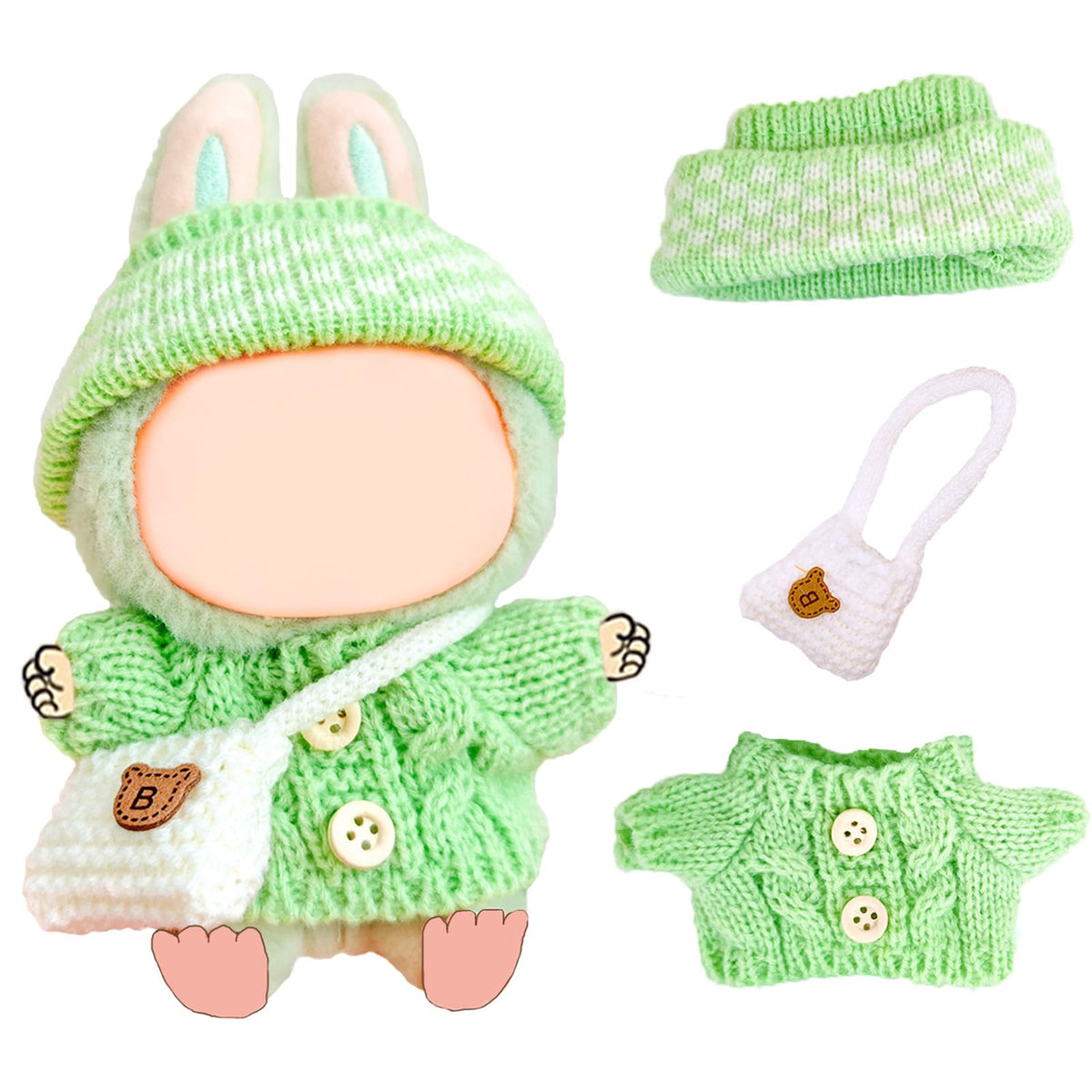 NiXiSHEEN 17cm Doll Clothes Set — Hand-Crocheted Green Sweater Outfit with Hat & Backpack for Have a Seat Series