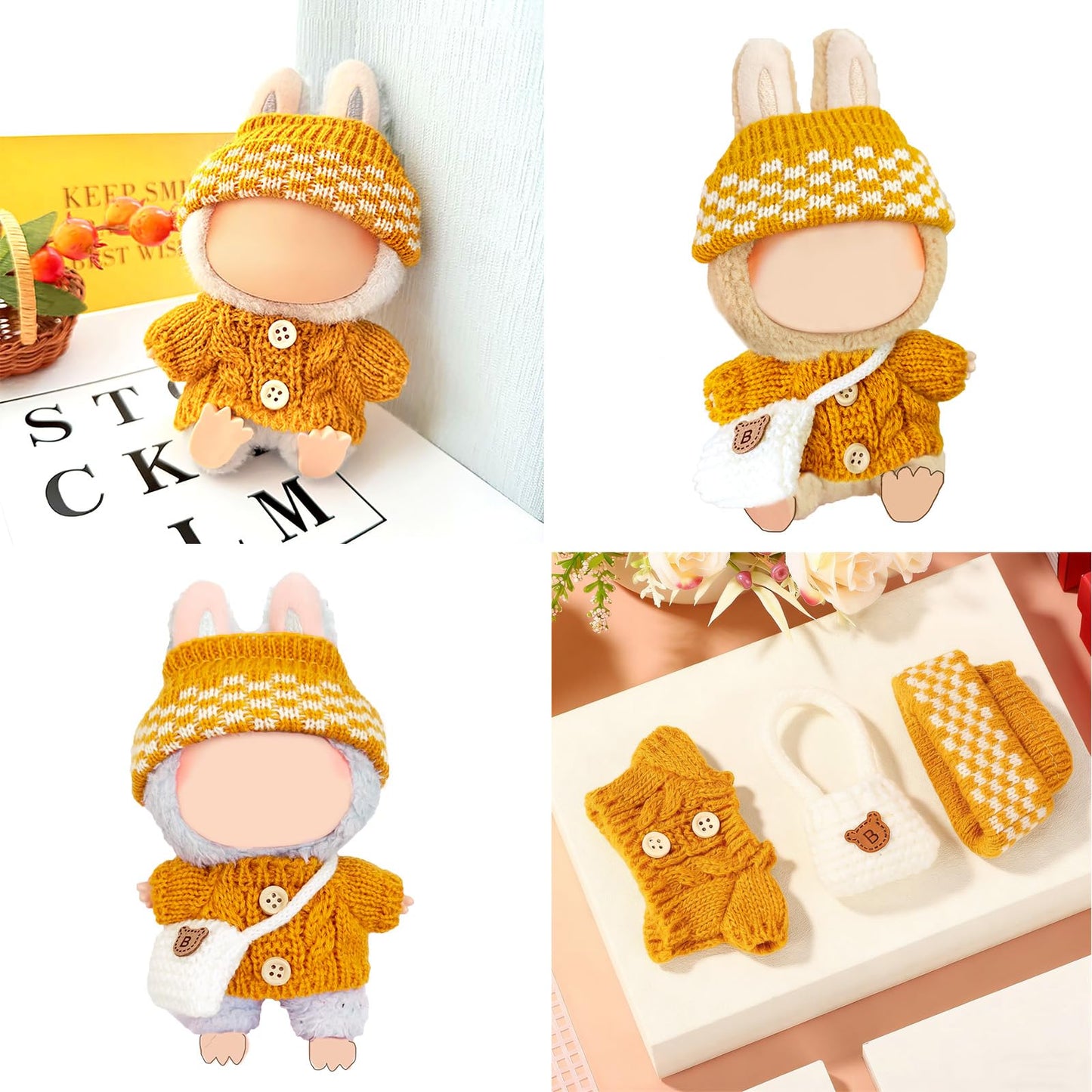 NiXiSHEEN 17cm Doll Clothes Set — Yellow Crochet Sweater, Hat & Bag for Have a Seat Series Dolls