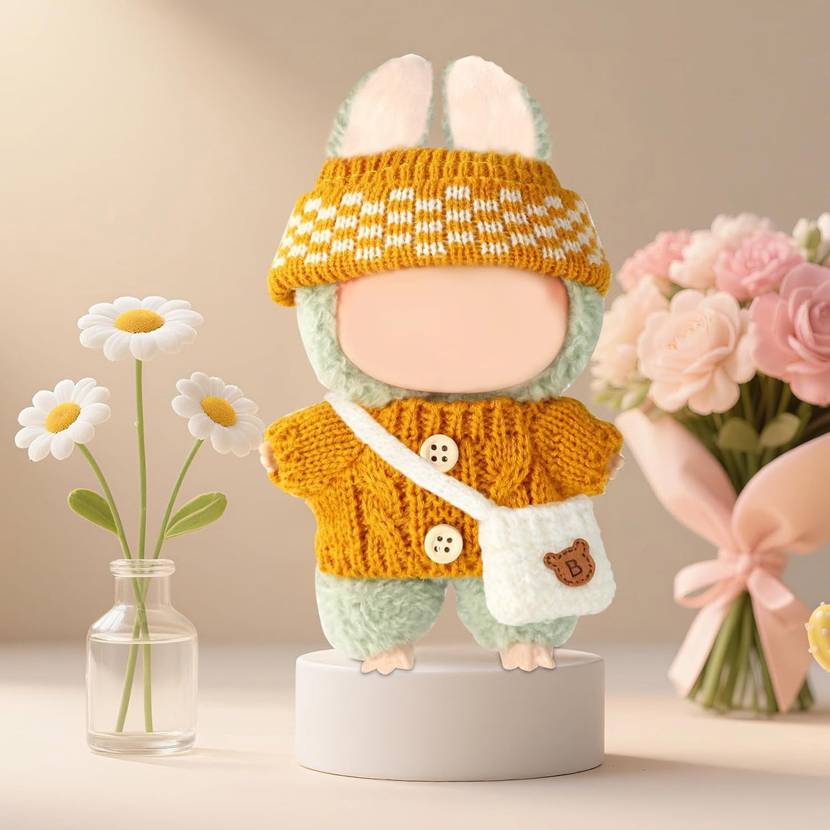 NiXiSHEEN 17cm Doll Clothes Set — Yellow Crochet Sweater, Hat & Bag for Have a Seat Series Dolls
