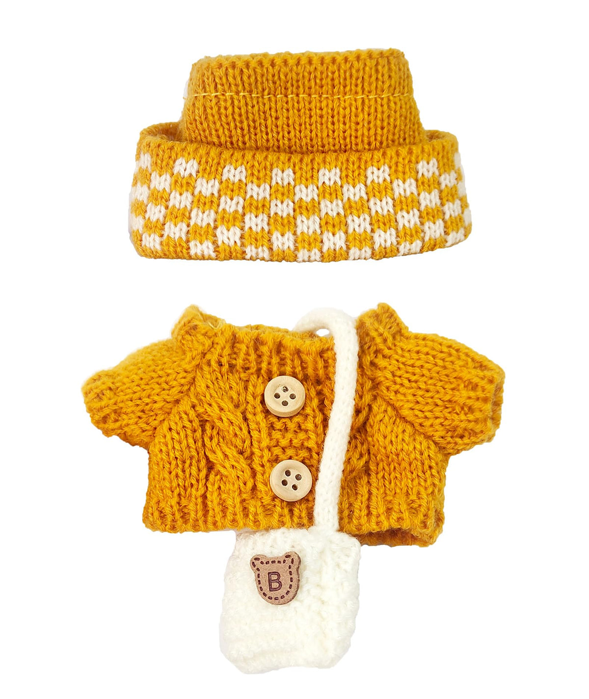 NiXiSHEEN 17cm Doll Clothes Set — Yellow Crochet Sweater, Hat & Bag for Have a Seat Series Dolls
