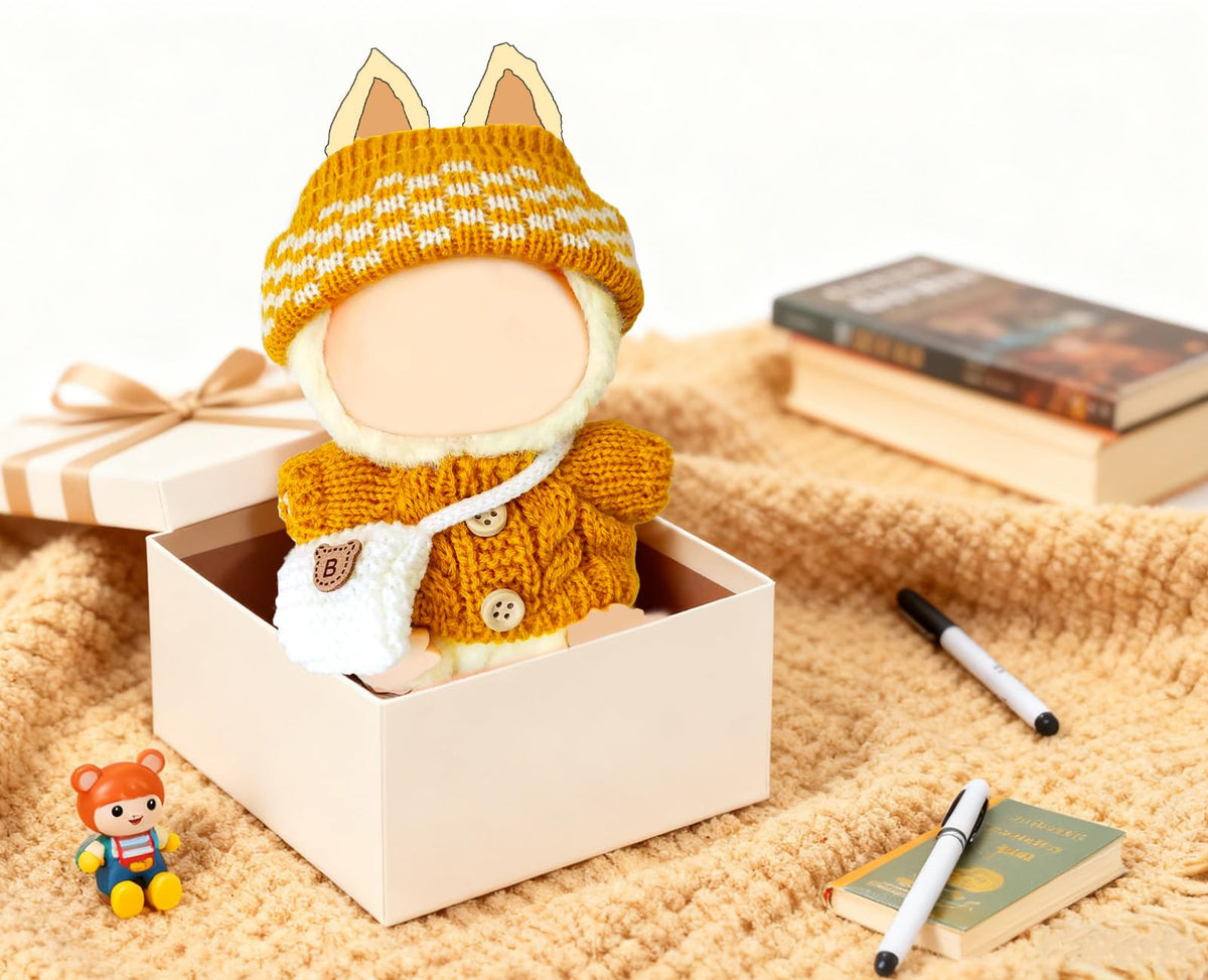NiXiSHEEN 17cm Doll Clothes Set — Yellow Crochet Sweater, Hat & Bag for Have a Seat Series Dolls