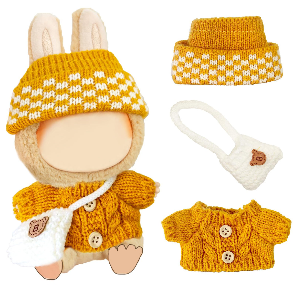 NiXiSHEEN 17cm Doll Clothes Set — Yellow Crochet Sweater, Hat & Bag for Have a Seat Series Dolls