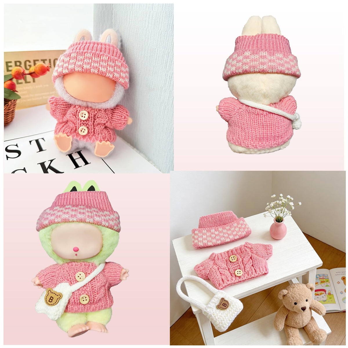 NiXiSHEEN 17cm Doll Clothes Set – Hand-Crocheted Rose Pink Sweater Outfit with Hat & Crossbody Bag for 15cm/17cm Dolls