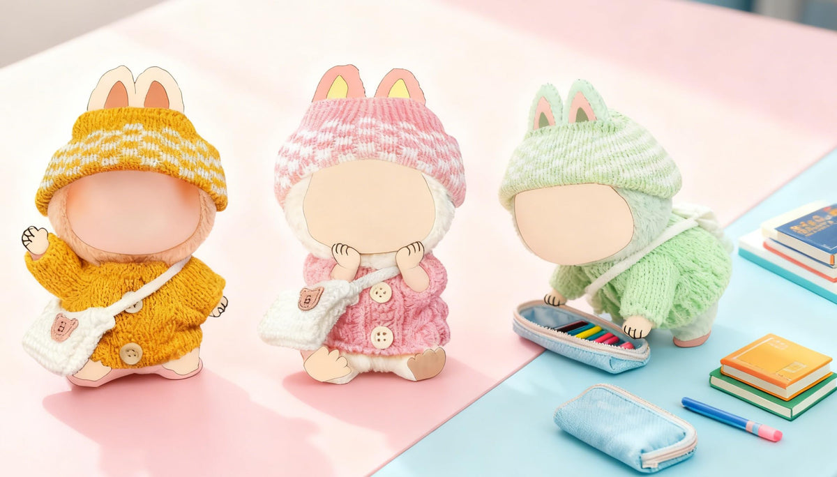 NiXiSHEEN 17cm Doll Clothes Set – Hand-Crocheted Rose Pink Sweater Outfit with Hat & Crossbody Bag for 15cm/17cm Dolls
