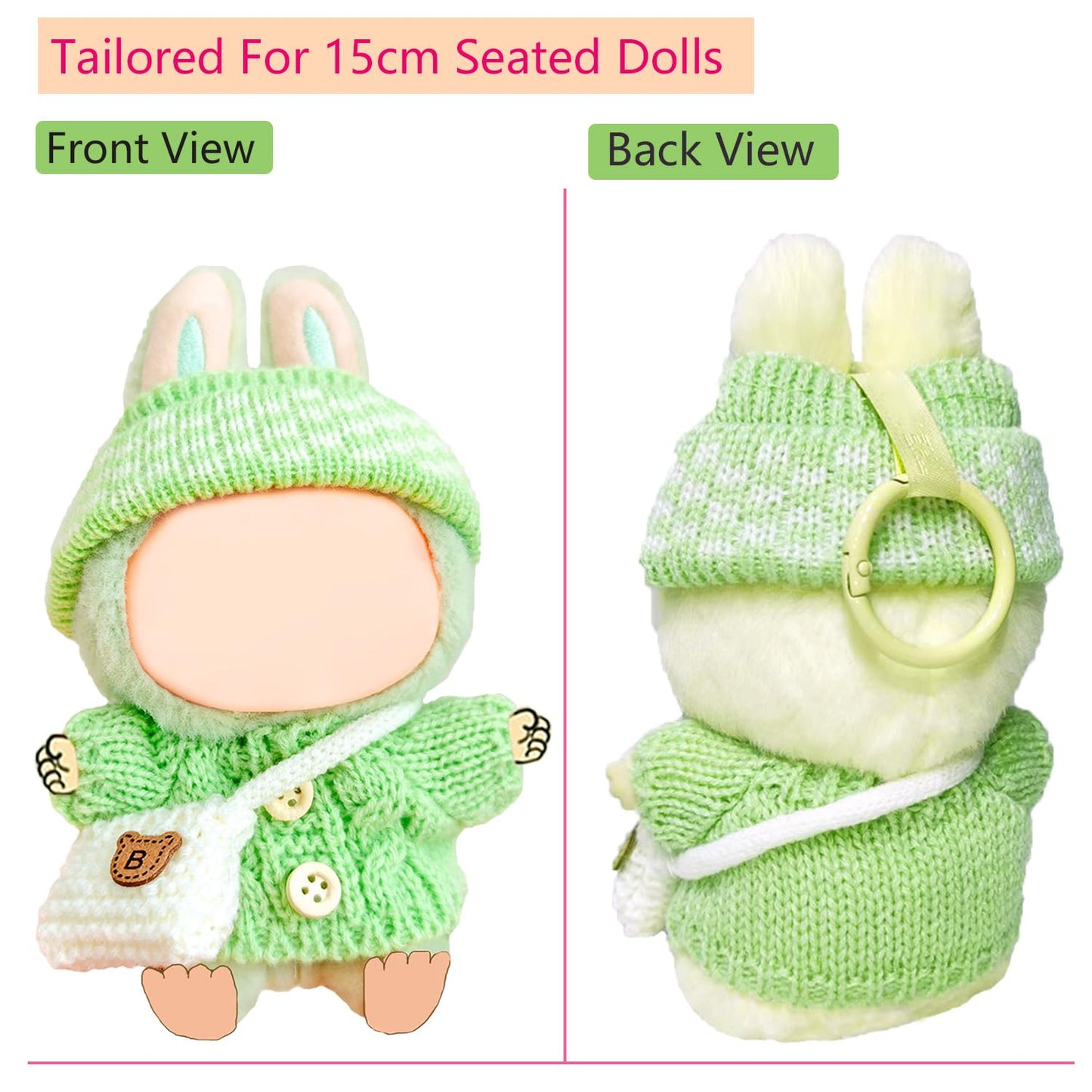 NiXiSHEEN 17cm Doll Clothes Set — Hand-Crocheted Green Sweater Outfit with Hat & Backpack for Have a Seat Series