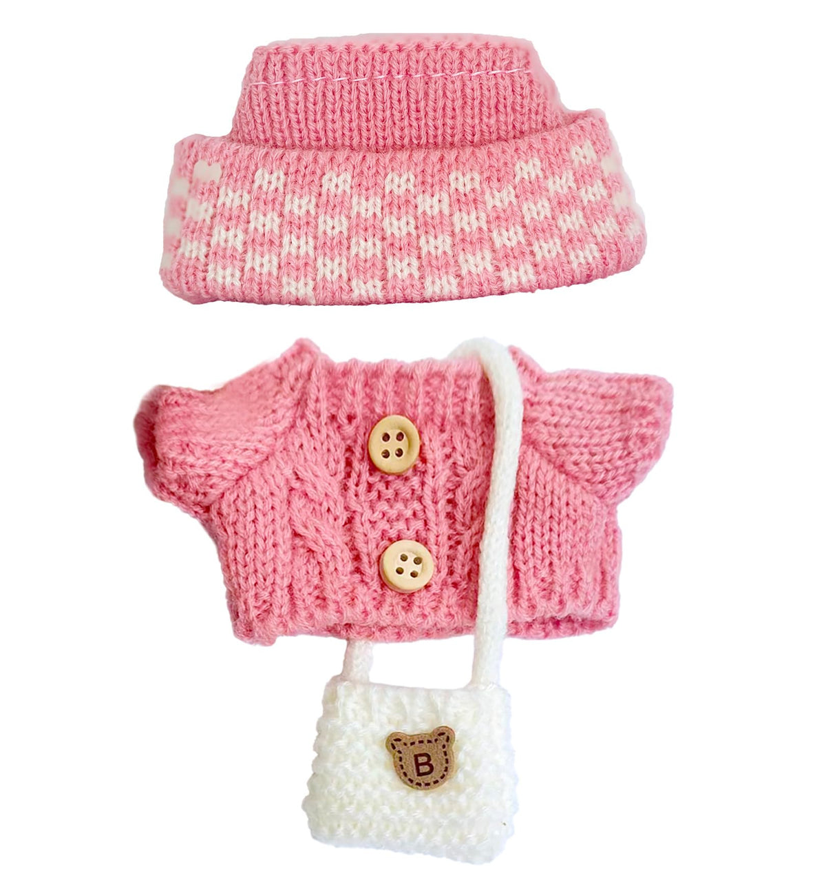 NiXiSHEEN 17cm Doll Clothes Set – Hand-Crocheted Rose Pink Sweater Outfit with Hat & Crossbody Bag for 15cm/17cm Dolls