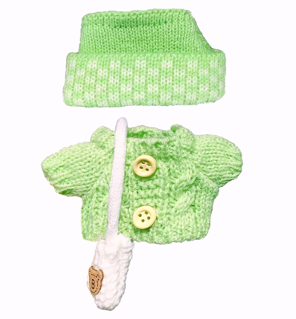 NiXiSHEEN 17cm Doll Clothes Set — Hand-Crocheted Green Sweater Outfit with Hat & Backpack for Have a Seat Series