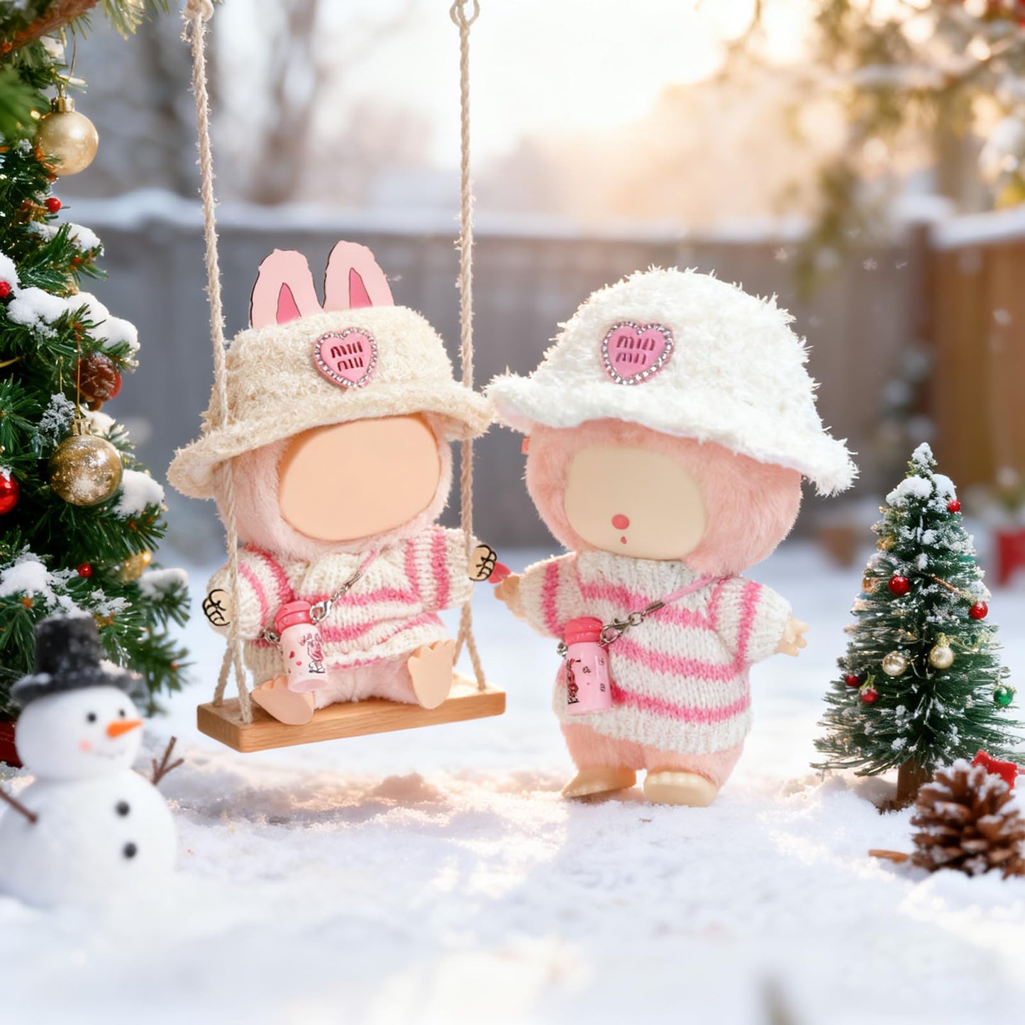 NiXiSHEEN Doll Clothes for 15cm & 17cm Dolls – Hand-Crocheted Pink Sweater, Heart Hat & Mini Water Bottle
