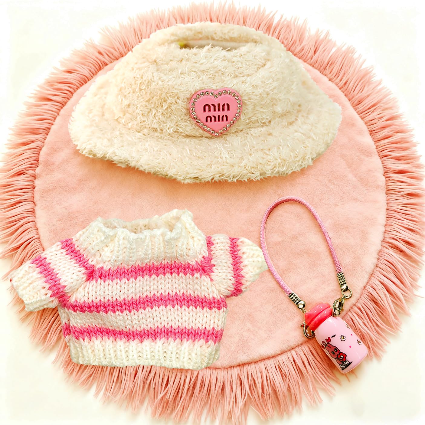 NiXiSHEEN Doll Clothes for 15cm & 17cm Dolls – Hand-Crocheted Pink Sweater, Heart Hat & Mini Water Bottle