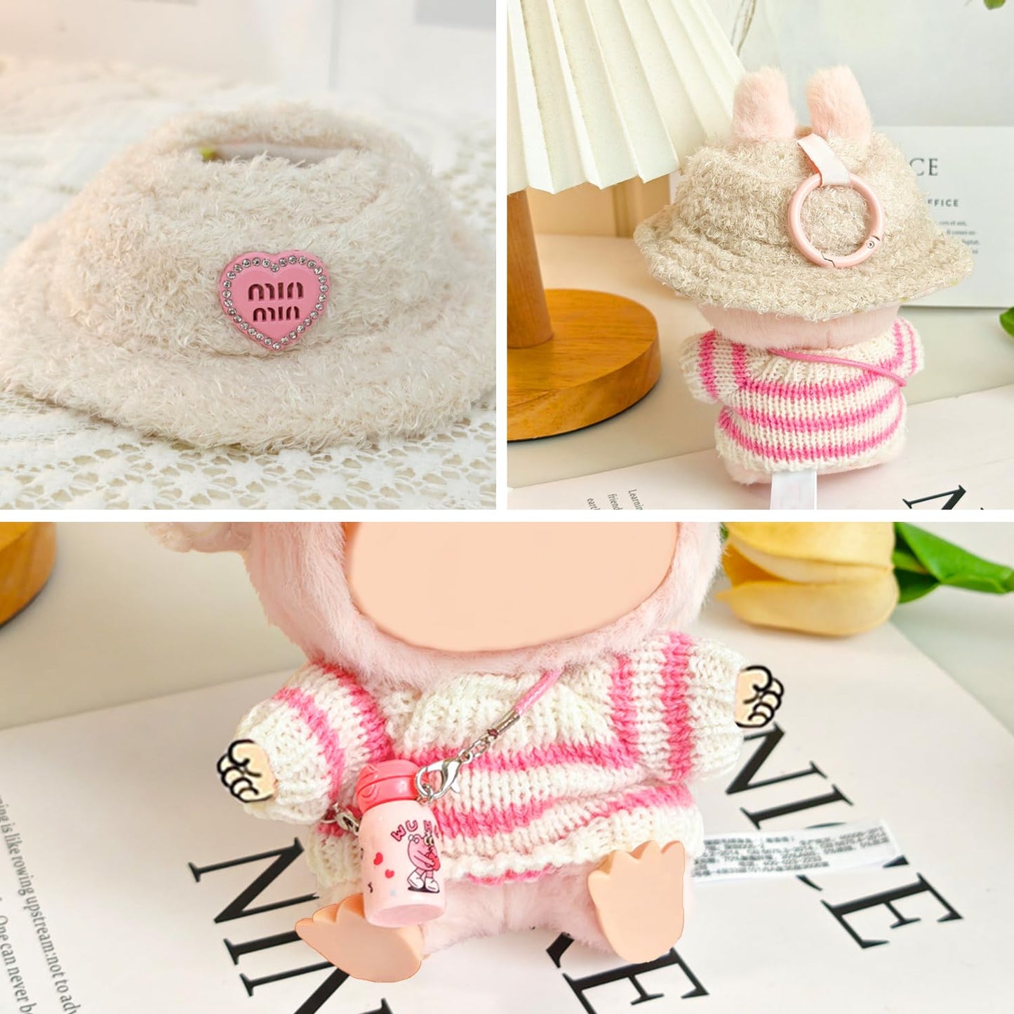 NiXiSHEEN Doll Clothes for 15cm & 17cm Dolls – Hand-Crocheted Pink Sweater, Heart Hat & Mini Water Bottle