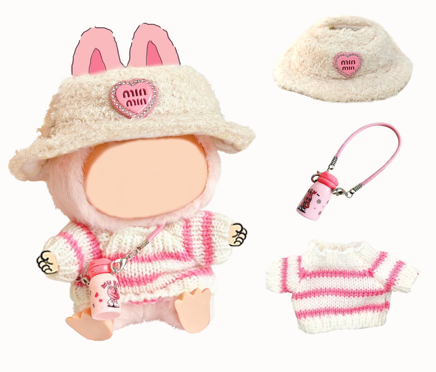 NiXiSHEEN Doll Clothes for 15cm & 17cm Dolls – Hand-Crocheted Pink Sweater, Heart Hat & Mini Water Bottle
