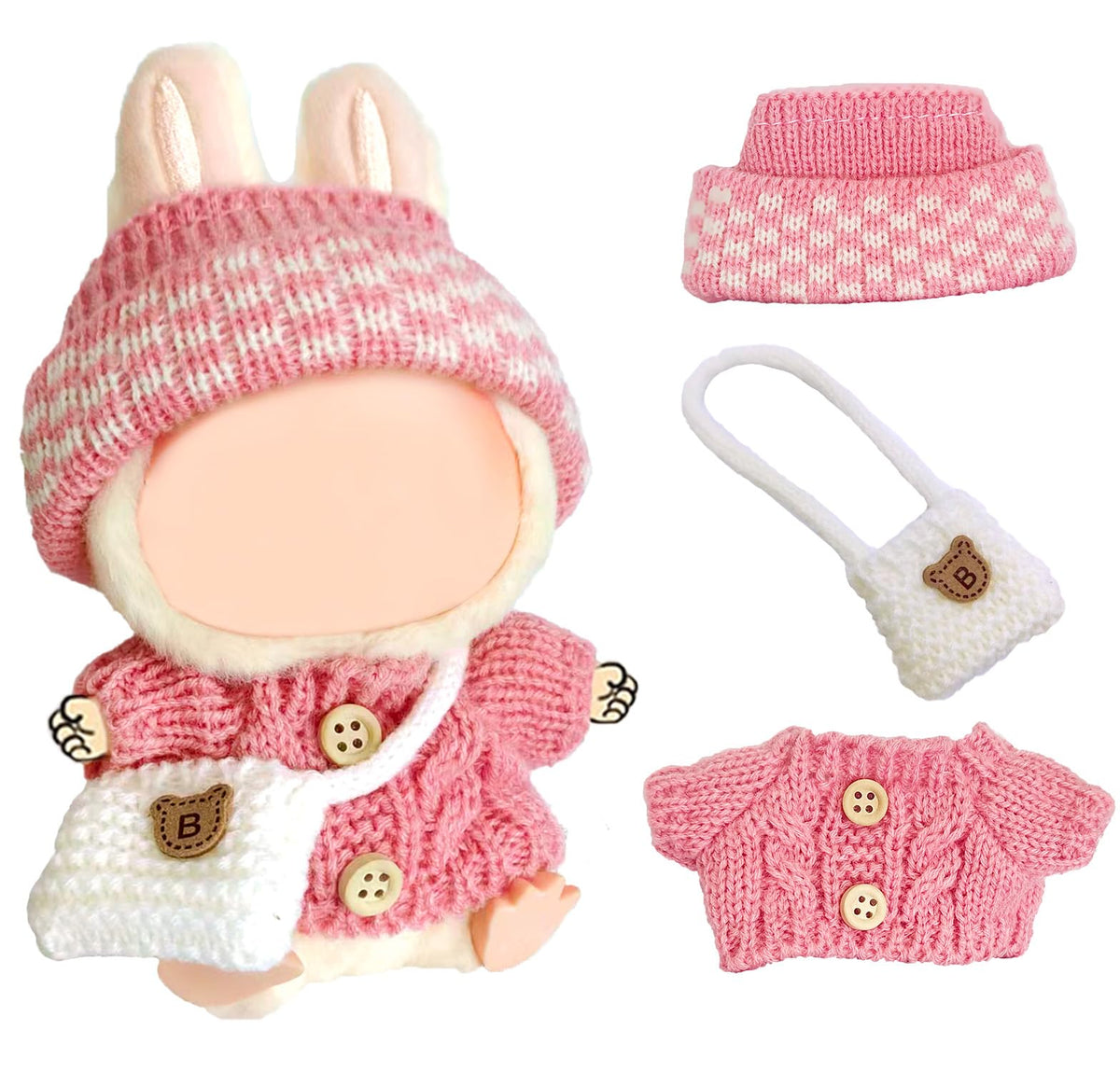 NiXiSHEEN 17cm Doll Clothes Set – Hand-Crocheted Rose Pink Sweater Outfit with Hat & Crossbody Bag for 15cm/17cm Dolls