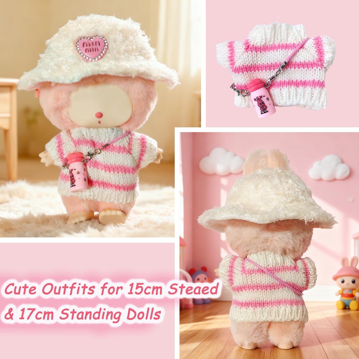 NiXiSHEEN Doll Clothes for 15cm & 17cm Dolls – Hand-Crocheted Pink Sweater, Heart Hat & Mini Water Bottle