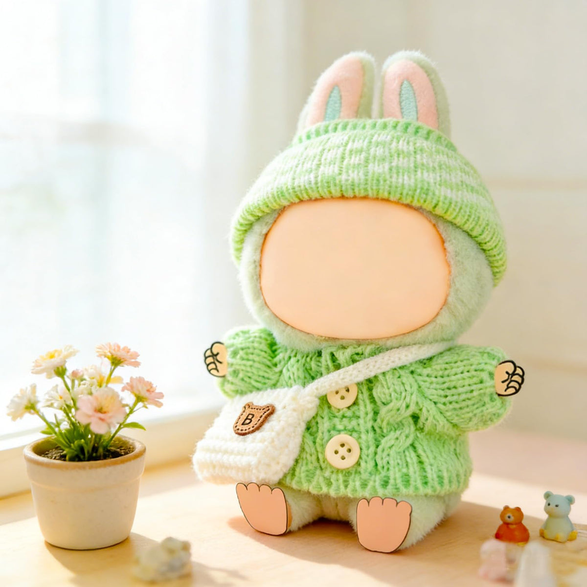 NiXiSHEEN 17cm Doll Clothes Set — Hand-Crocheted Green Sweater Outfit with Hat & Backpack for Have a Seat Series