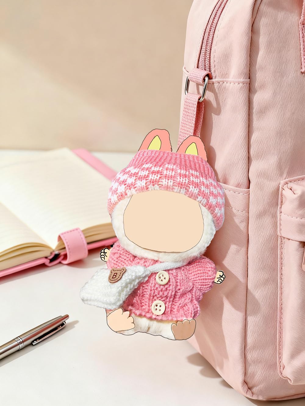 NiXiSHEEN 17cm Doll Clothes Set – Hand-Crocheted Rose Pink Sweater Outfit with Hat & Crossbody Bag for 15cm/17cm Dolls