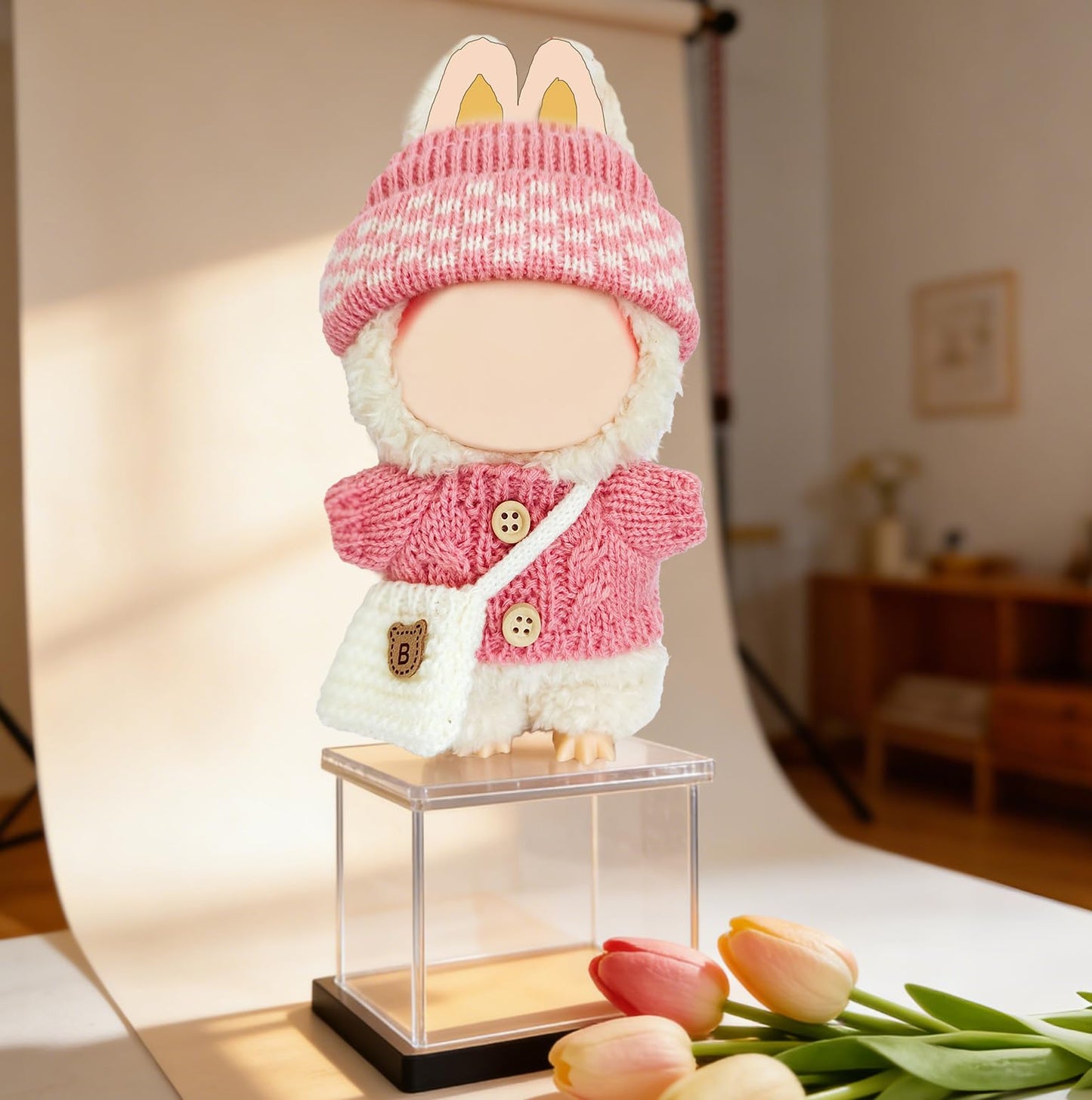 NiXiSHEEN 17cm Doll Clothes Set – Hand-Crocheted Rose Pink Sweater Outfit with Hat & Crossbody Bag for 15cm/17cm Dolls