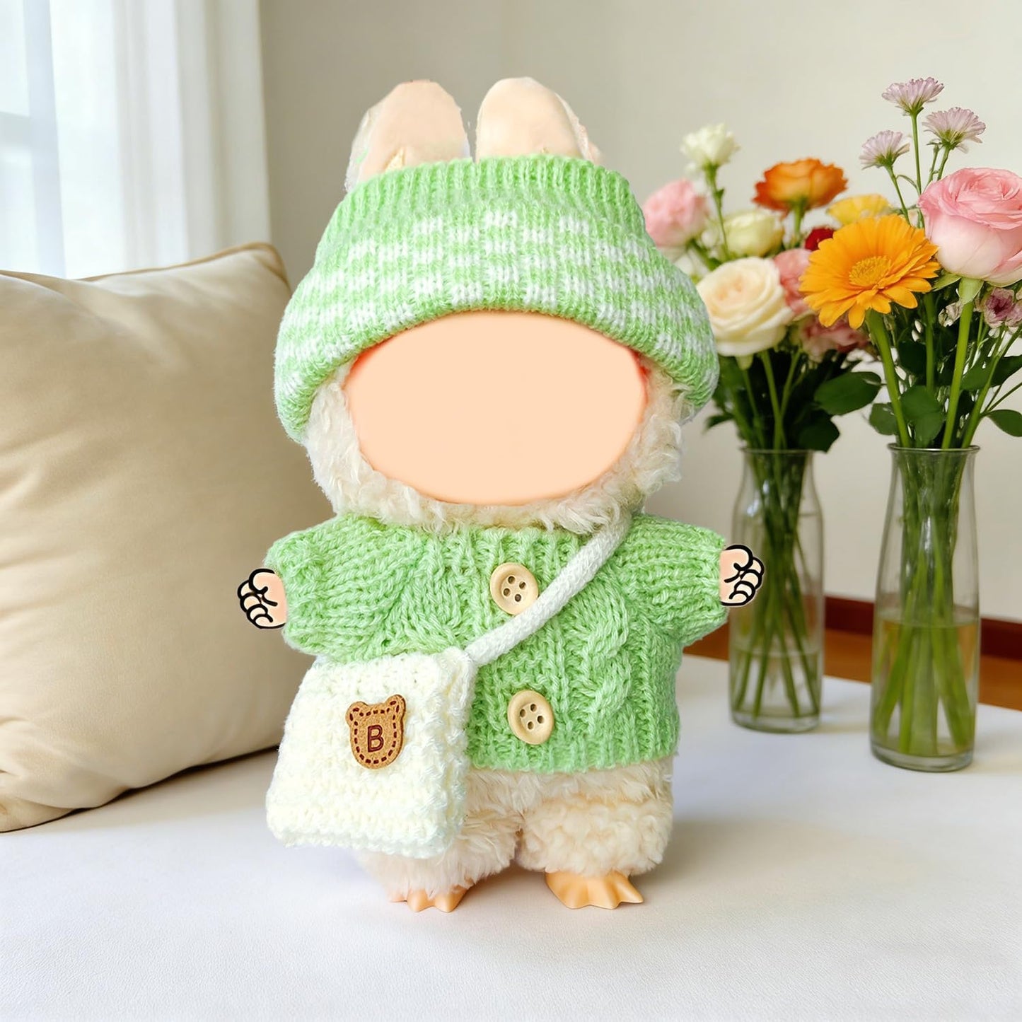 NiXiSHEEN 17cm Doll Clothes Set — Hand-Crocheted Green Sweater Outfit with Hat & Backpack for Have a Seat Series