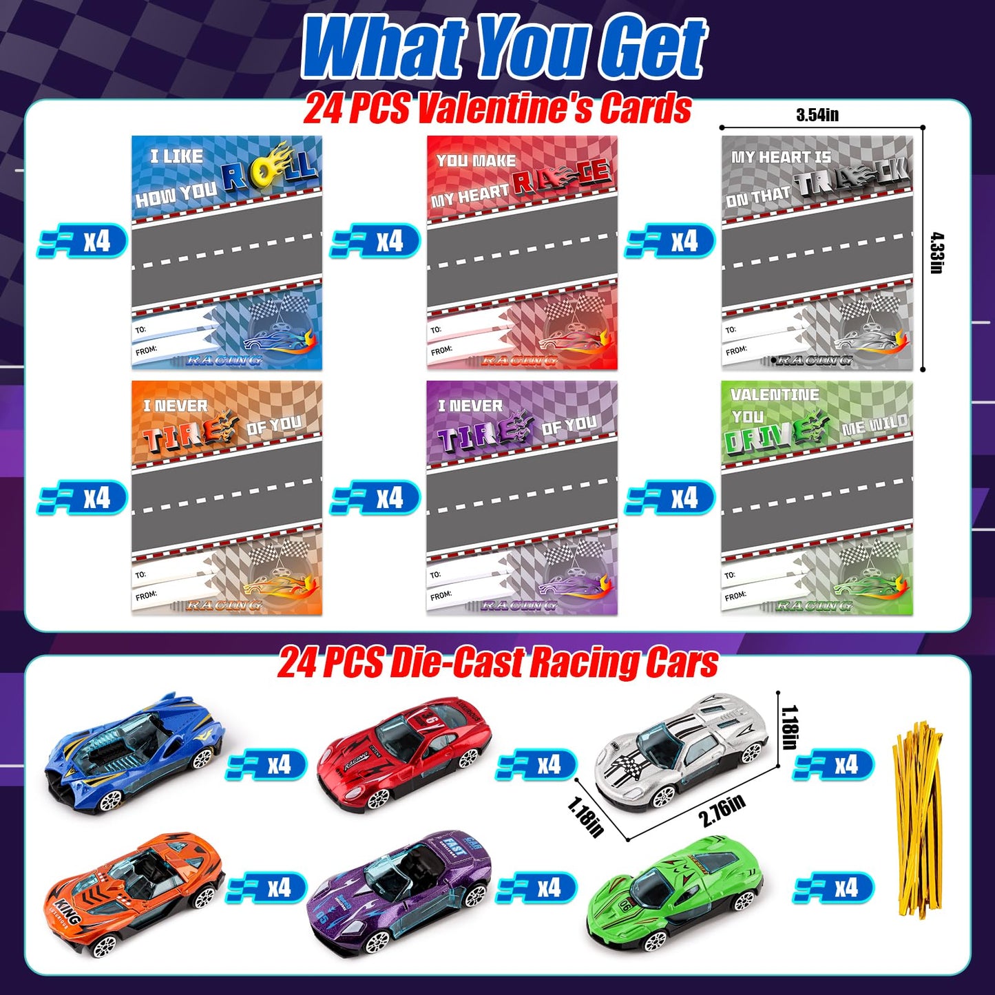 NizyDue Valentines Day Cards for Kids with 24 Die-Cast Racing Cars – Classroom Gifts & Party Favors